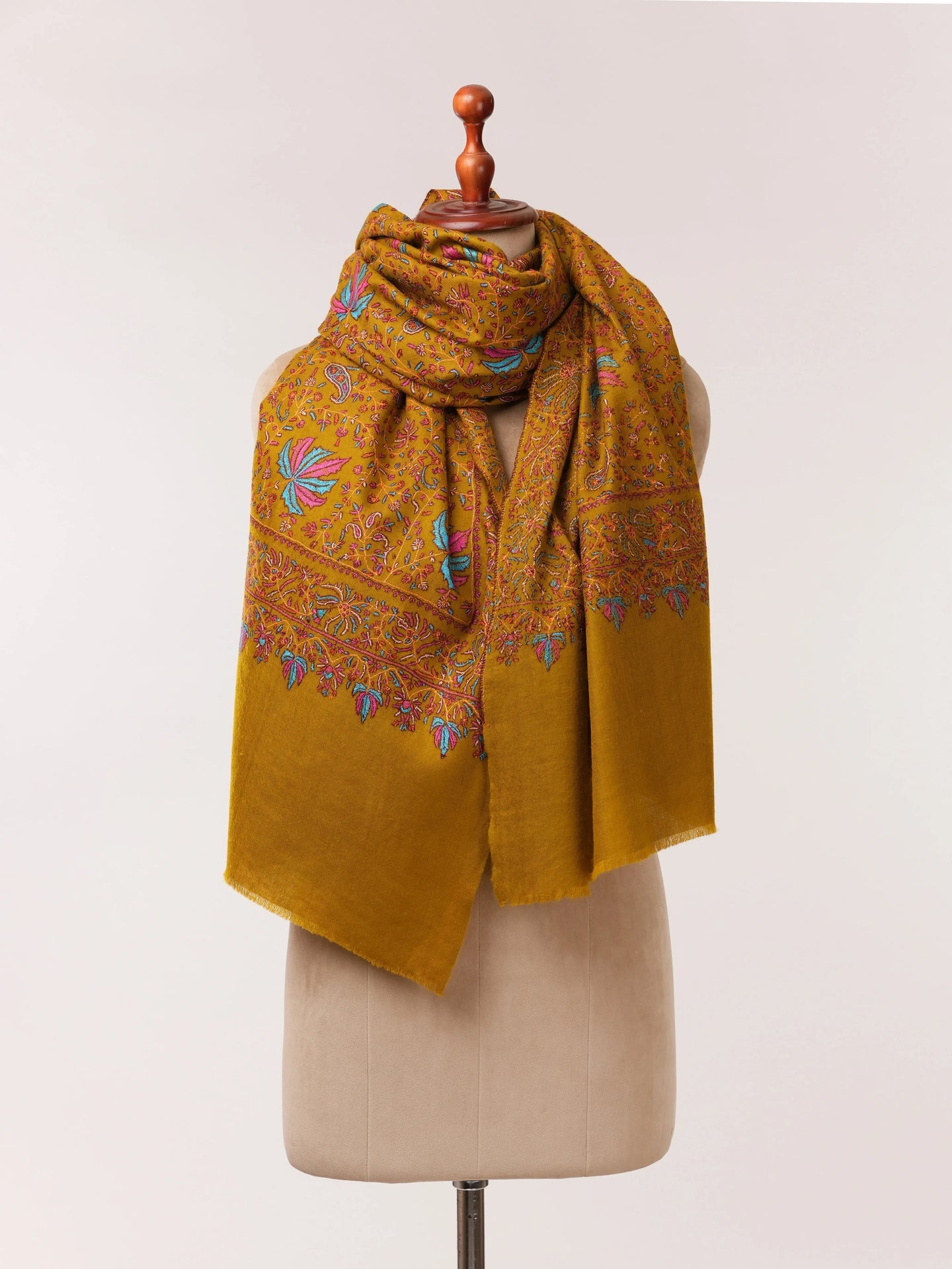 Mustard Soft Pashmina Shawl with All Over Hand Embroidery Shahkaar.com