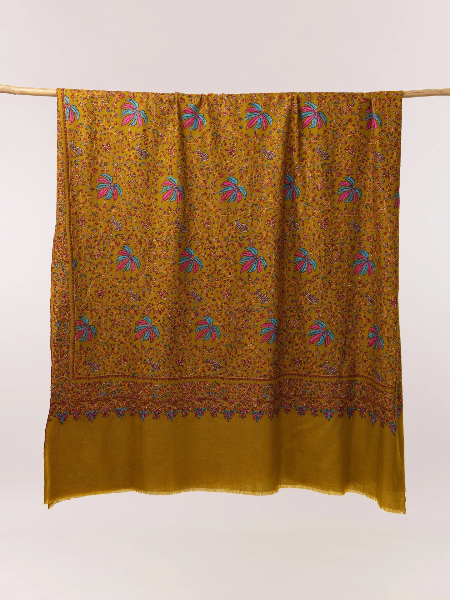 Mustard Soft Pashmina Shawl with All Over Hand Embroidery Shahkaar.com