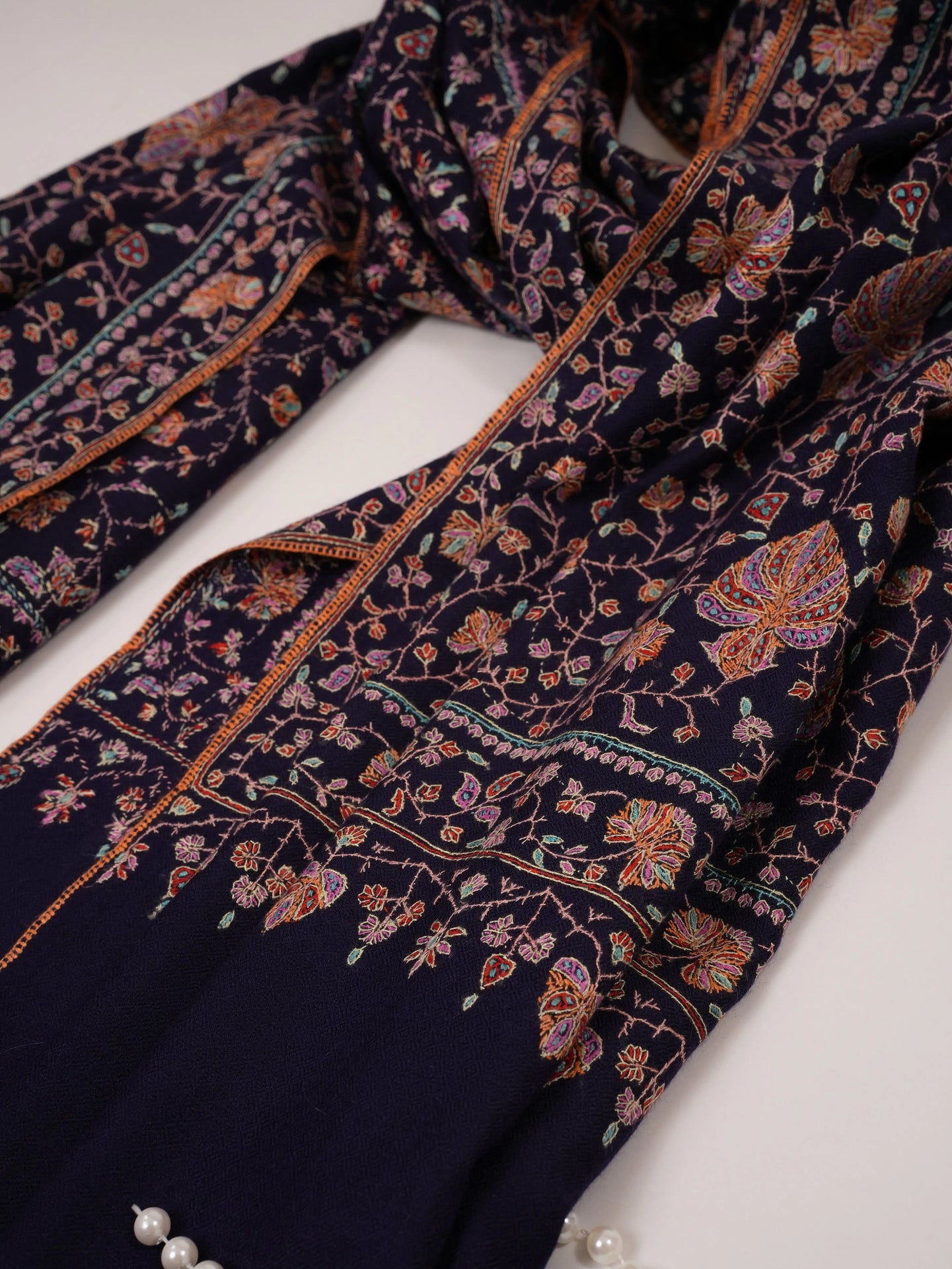 Navy Handwoven Pashmina Shawl with Sozni Hand Embroidery Shahkaar.com