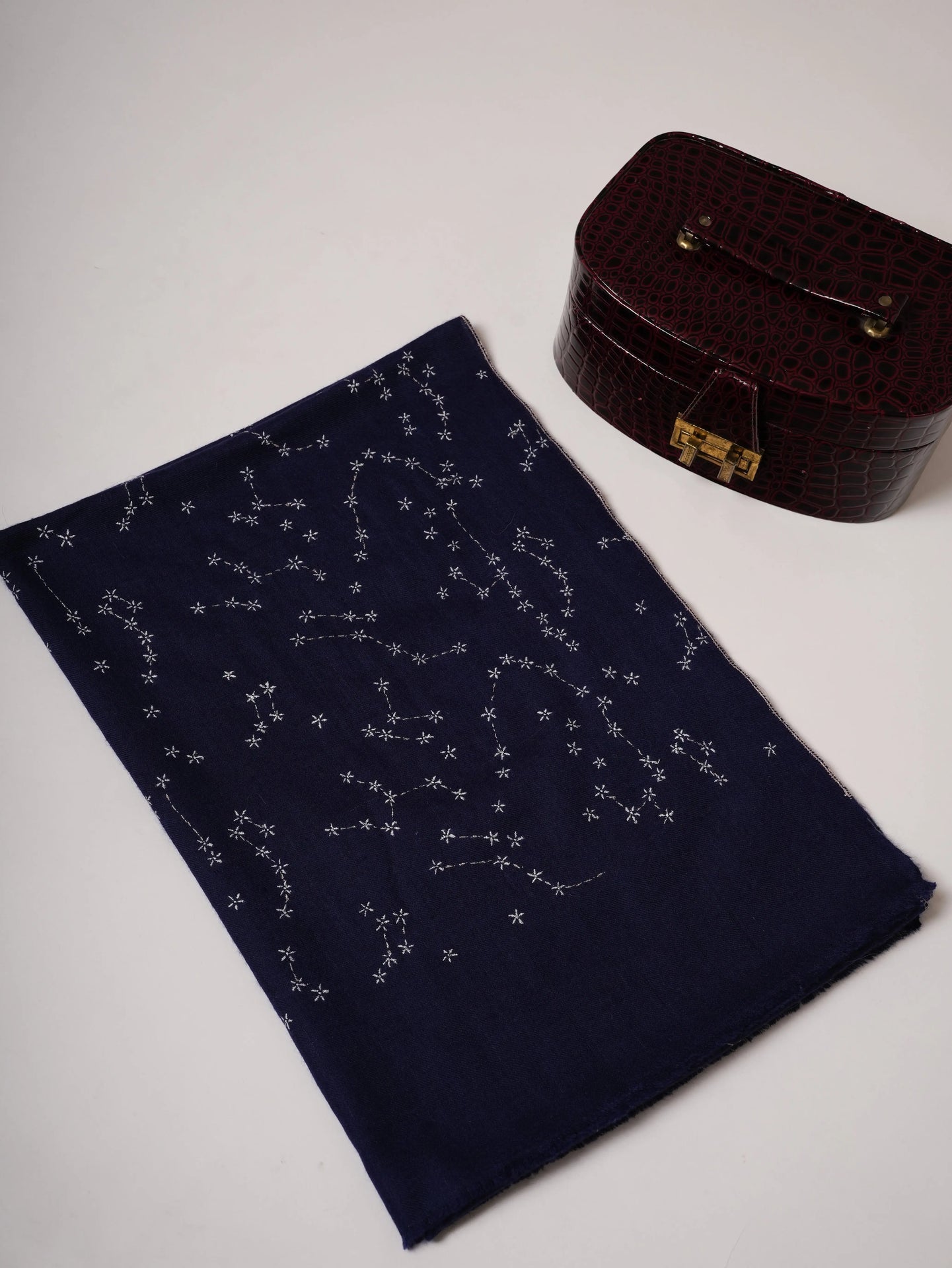 Navy Blue Soft Cashmere Scarf with Star Constellation Embroidery Shahkaar