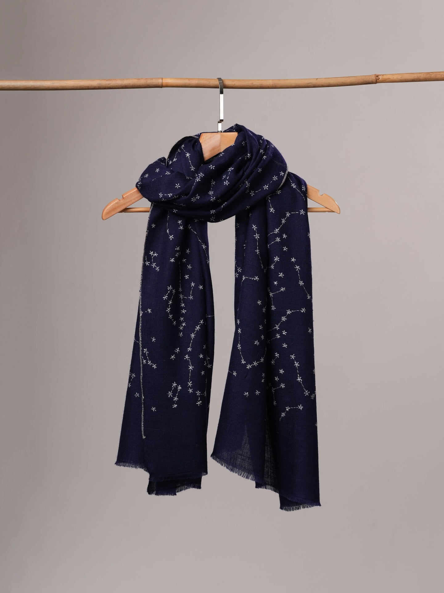 Navy Blue Soft Cashmere Scarf with Star Constellation Embroidery Shahkaar