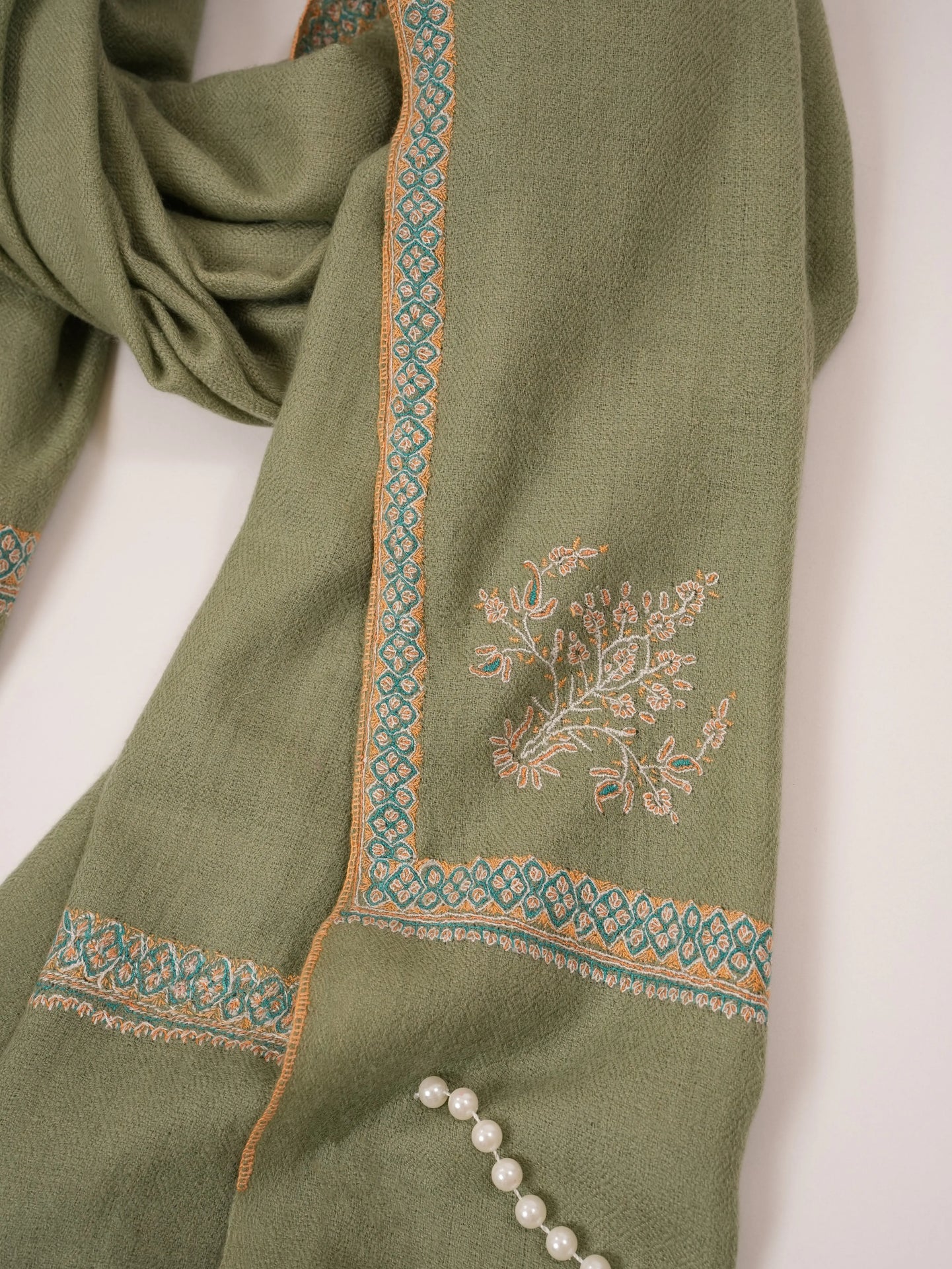 Handspun Green Kashmiri Handwoven Pashmina Shawl with Hashia Hand Sozni Embroidery Shahkaar.com