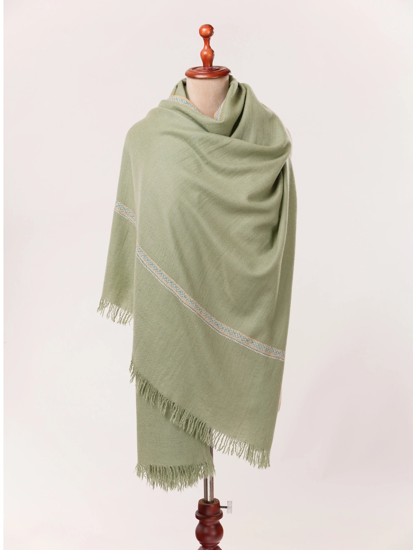 Handspun Green Kashmiri Handwoven Pashmina Shawl with Hashia Hand Sozni Embroidery Shahkaar.com