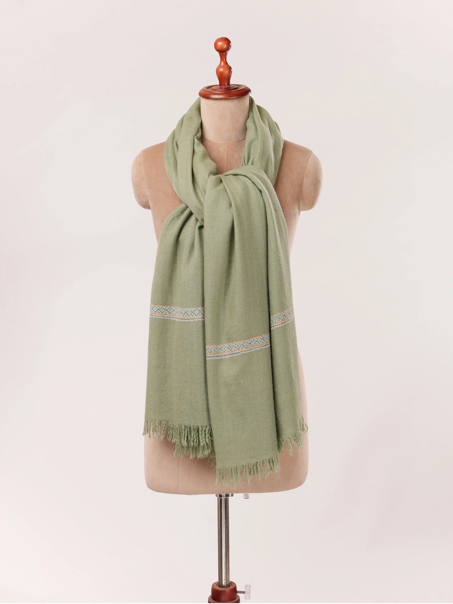 Handspun Green Kashmiri Handwoven Pashmina Shawl with Hashia Hand Sozni Embroidery Shahkaar.com