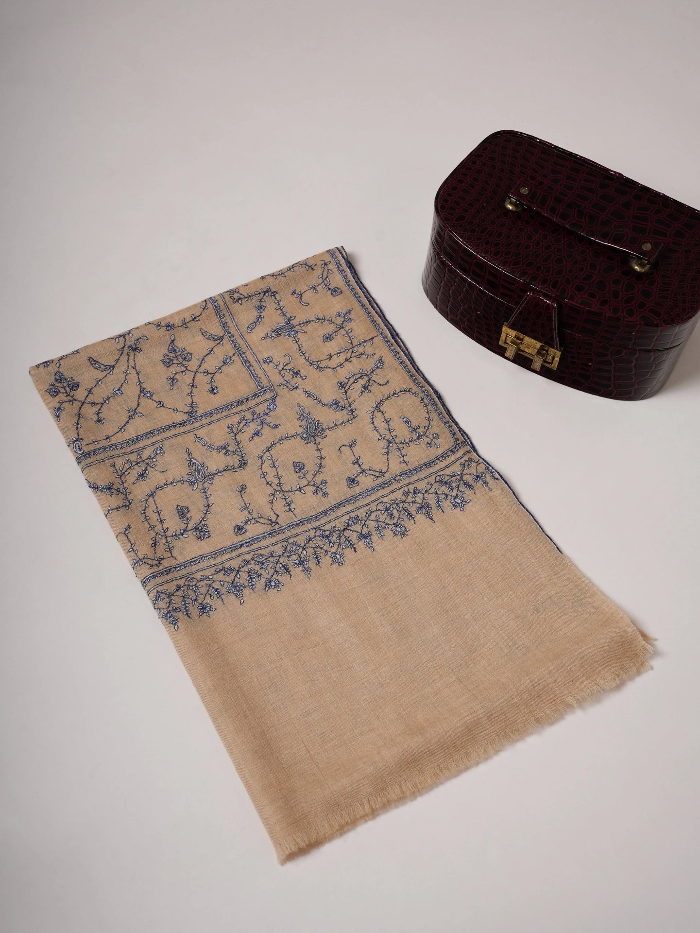 Tan Baby Soft Cashmere Scarf with All-Over Sozni Embroidery Shahkaar