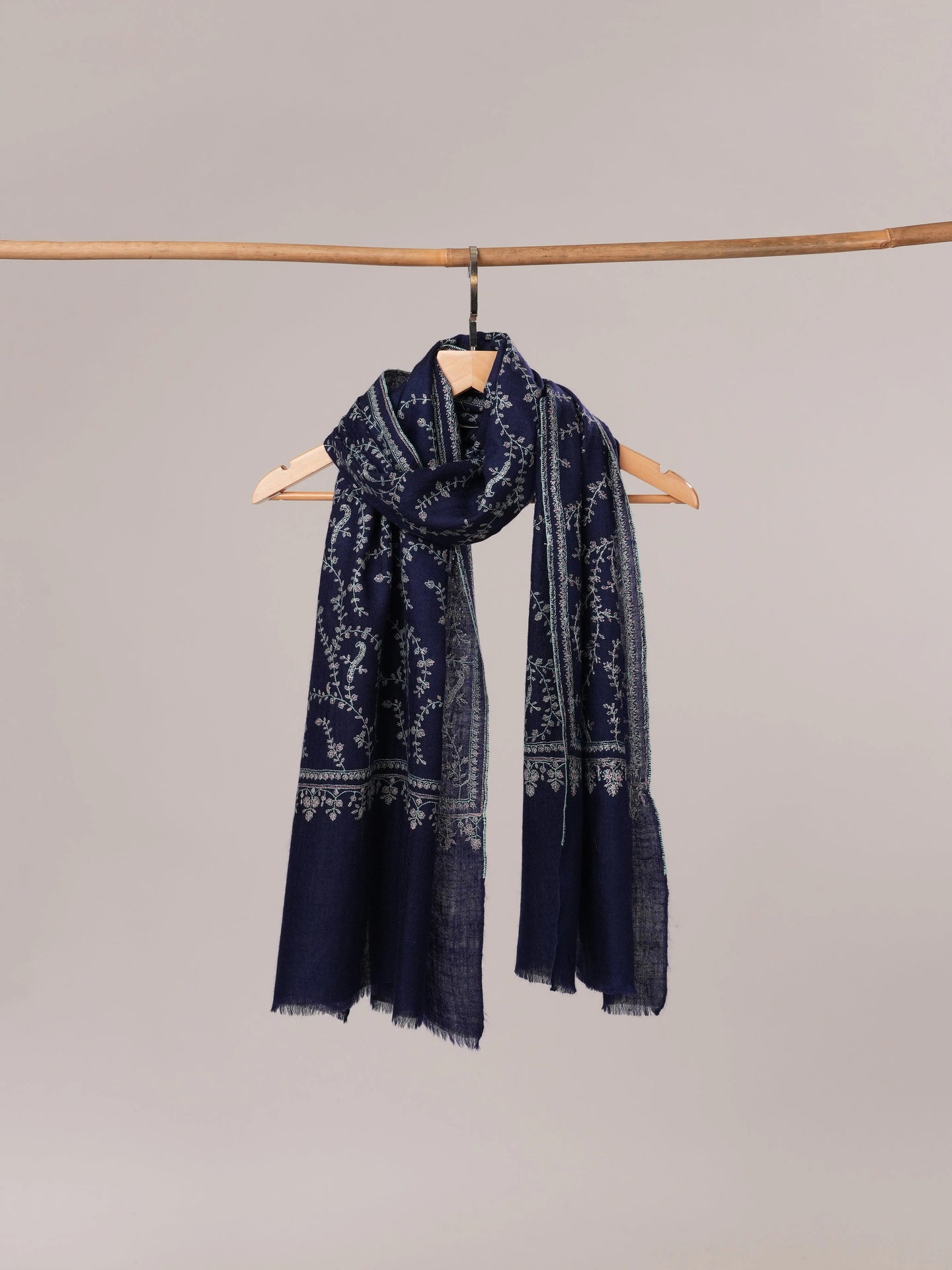 Navy Hand Embroidered Pure Cashmere Scarf Shahkaar.com