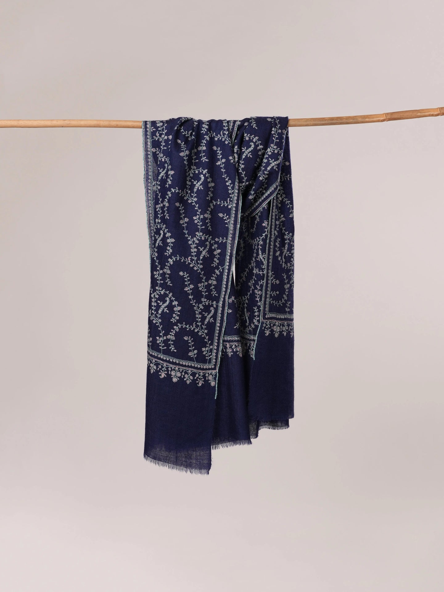 Navy Hand Embroidered Pure Cashmere Scarf Shahkaar.com