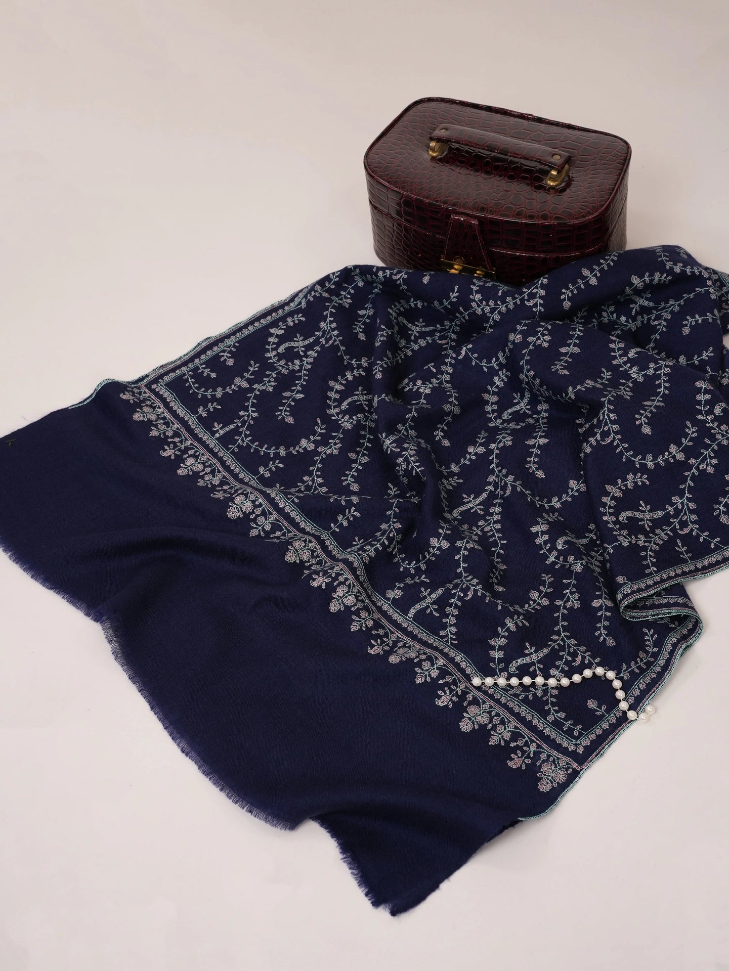 Navy Hand Embroidered Pure Cashmere Scarf Shahkaar.com