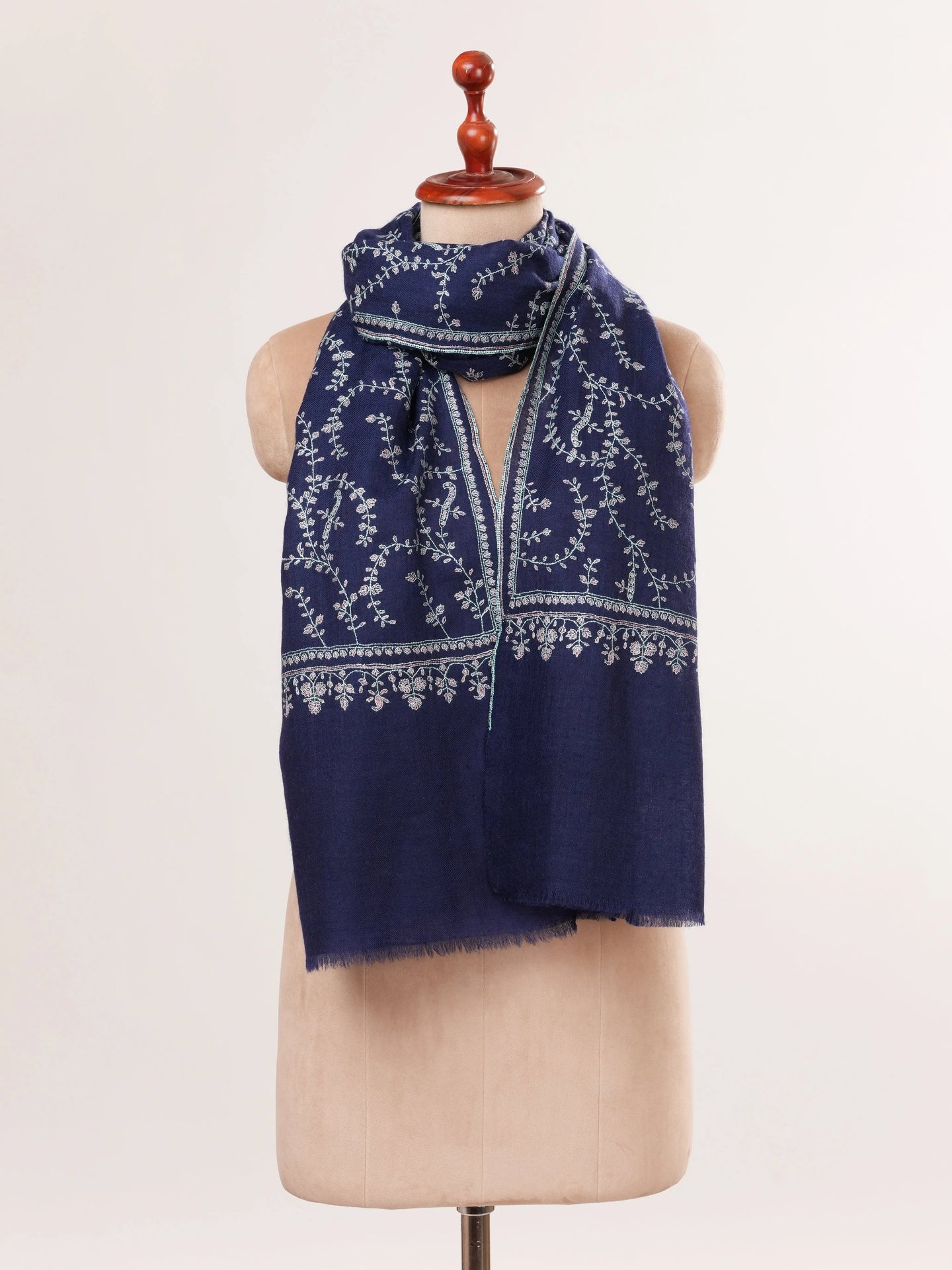 Navy Hand Embroidered Pure Cashmere Scarf Shahkaar.com