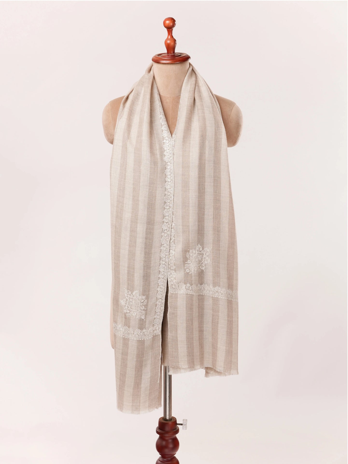 Natural White Taupe Kashmiri Handwoven Soft Pashmina Shawl with Hashia Embroidery Shahkaar.com