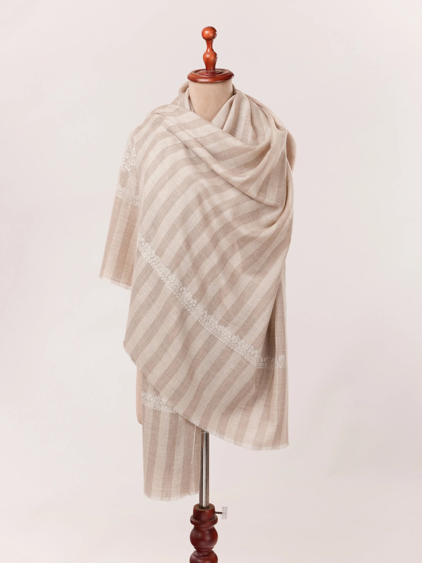 Natural White Taupe Kashmiri Handwoven Soft Pashmina Shawl with Hashia Embroidery Shahkaar.com