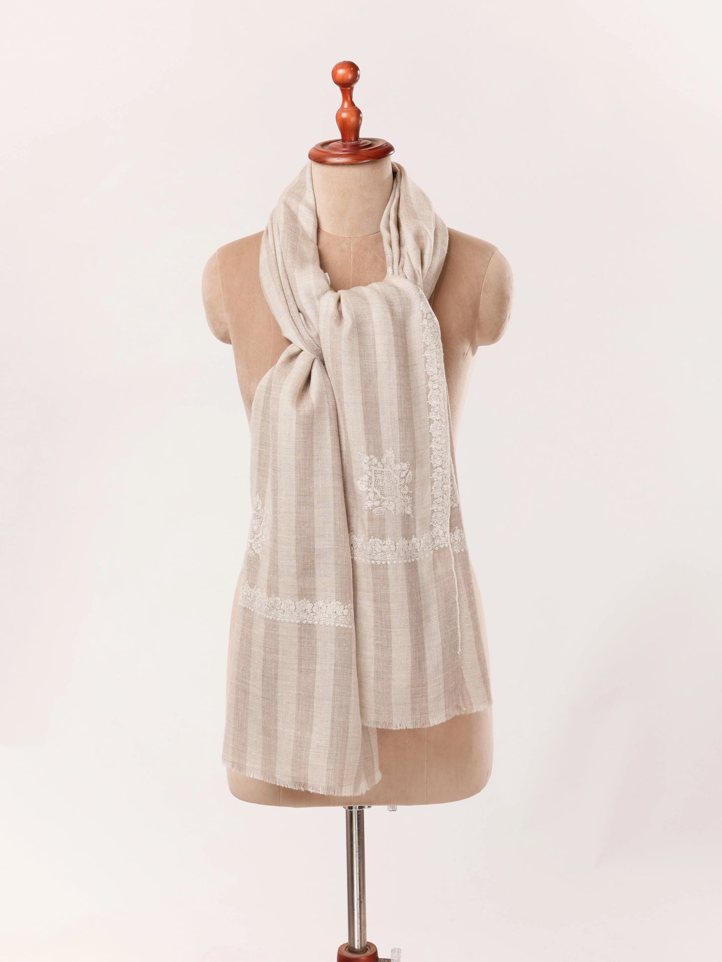 Natural White Taupe Kashmiri Handwoven Soft Pashmina Shawl with Hashia Embroidery Shahkaar.com