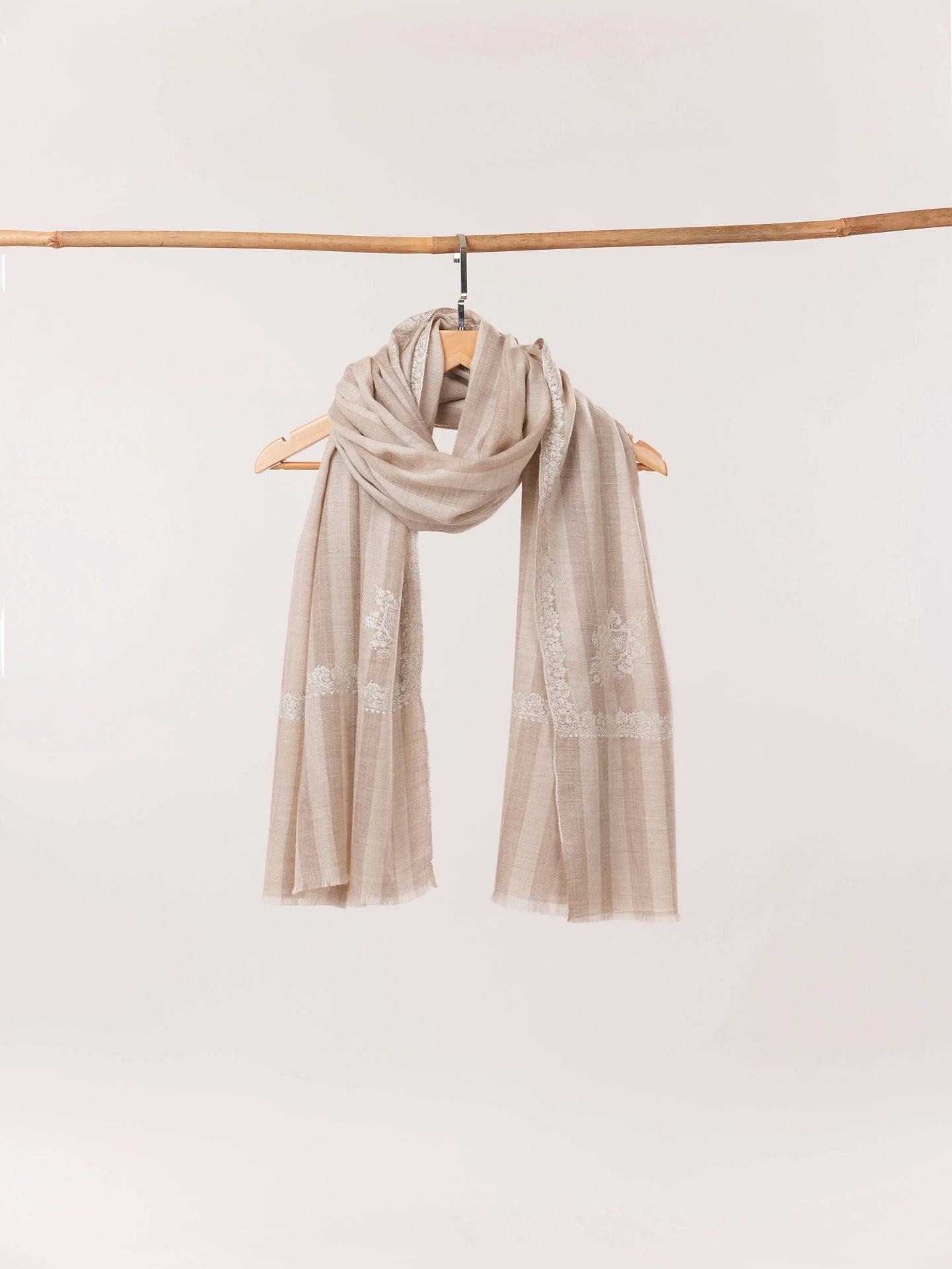 Natural White Taupe Kashmiri Handwoven Soft Pashmina Shawl with Hashia Embroidery Shahkaar.com