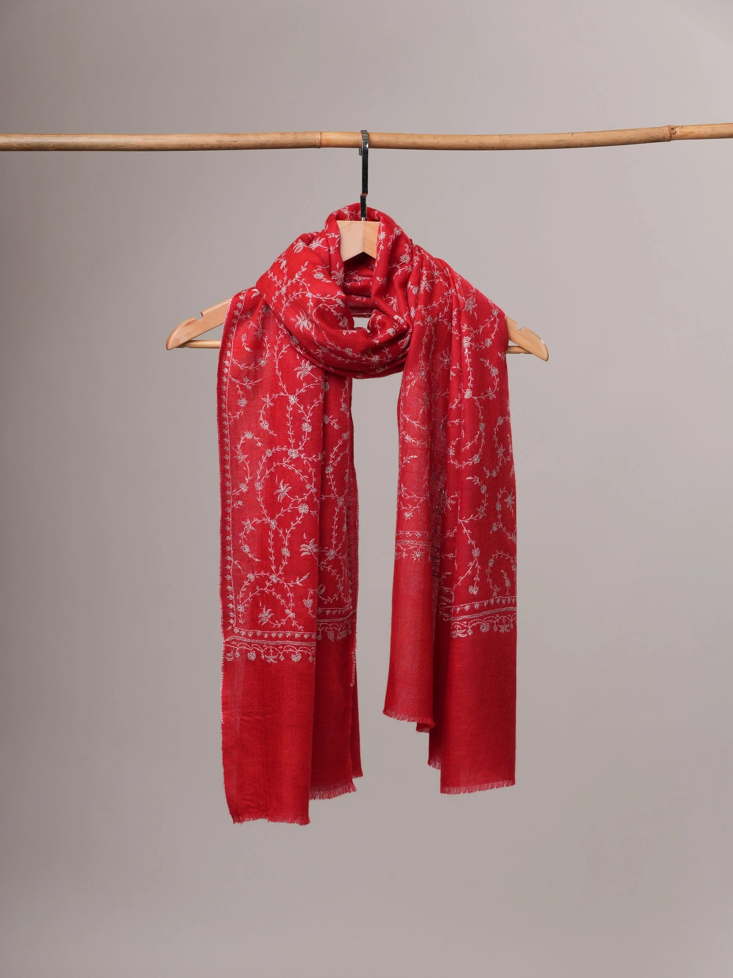 Red Featherlight Cashmere Scarf with All-Over Jali Sozni Embroidery Shahkaar