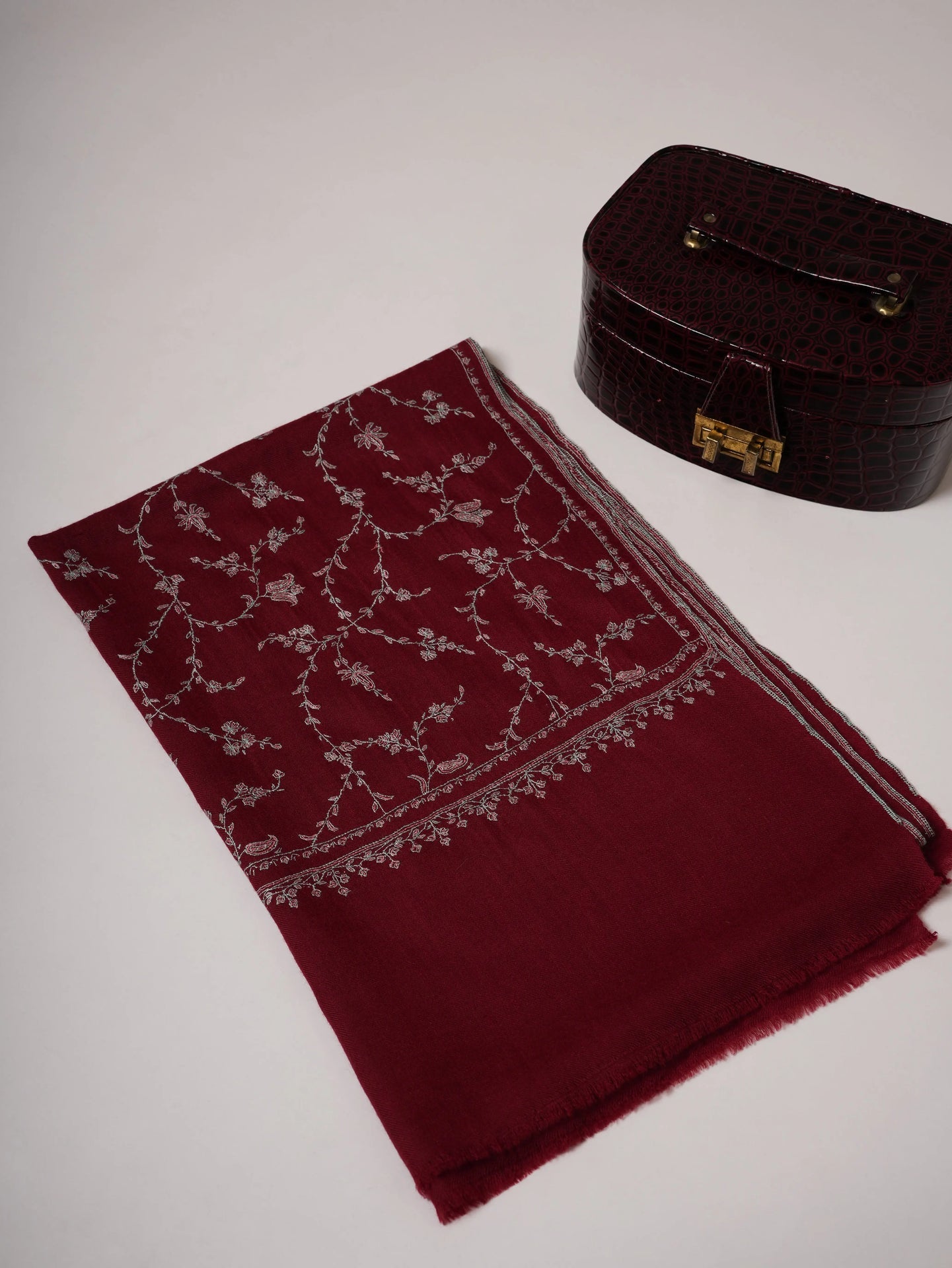 Maroon Featherlight Cashmere Scarf with All Over Sozni Hand Embroidery Shahkaar