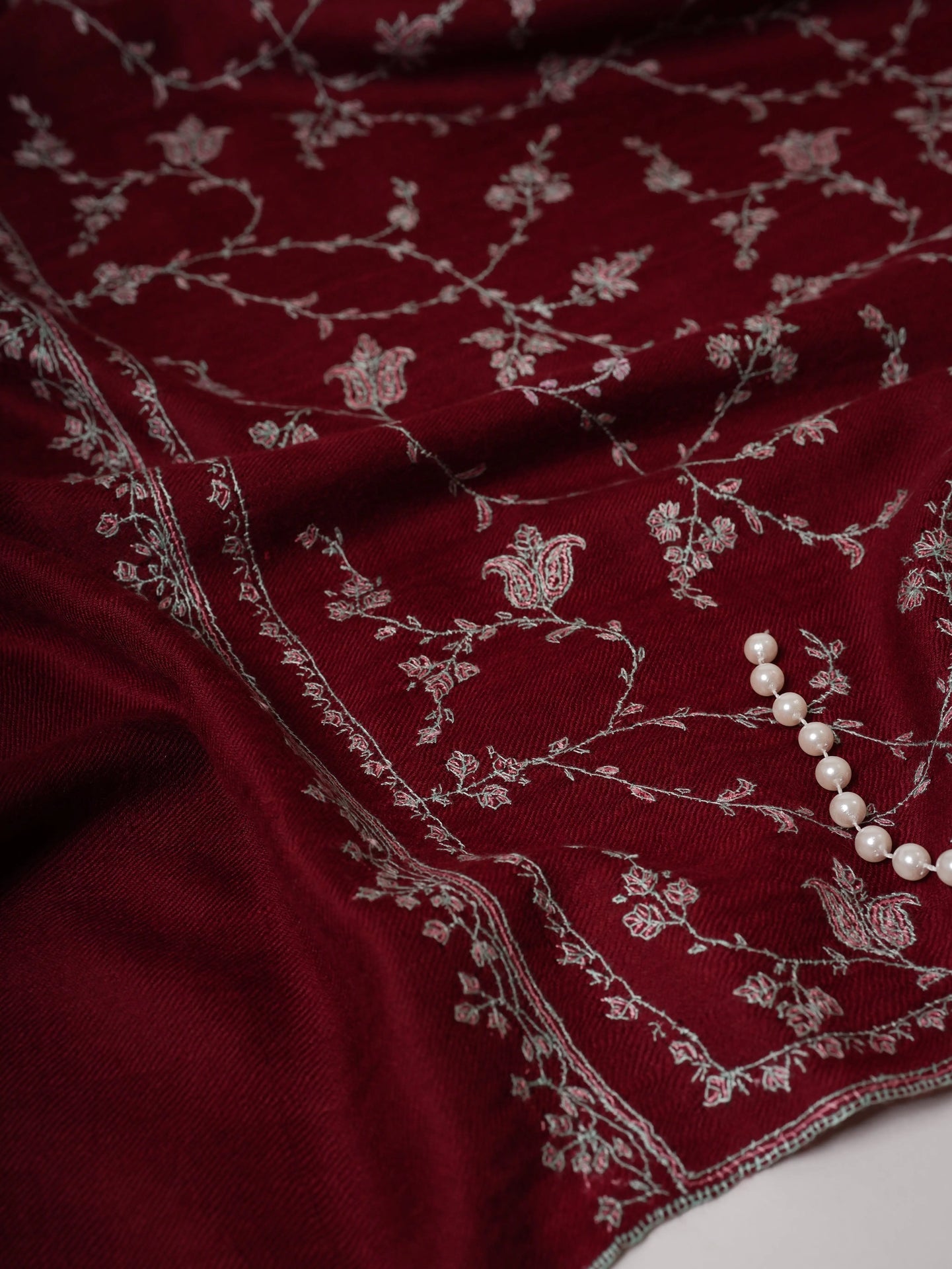 Maroon Featherlight Cashmere Scarf with All Over Sozni Hand Embroidery Shahkaar