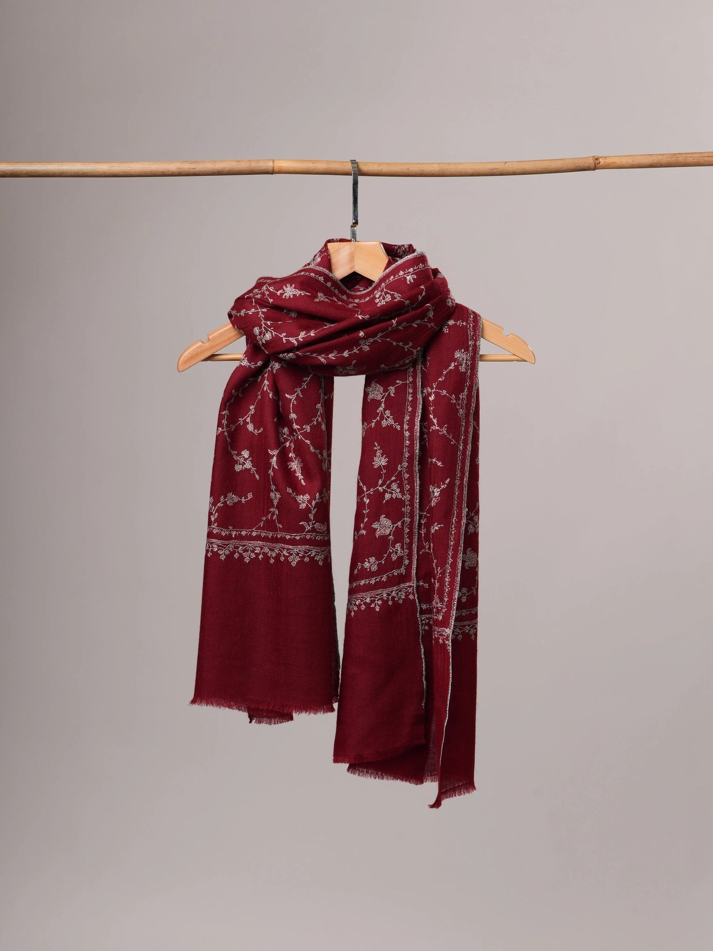 Maroon Featherlight Cashmere Scarf with All Over Sozni Hand Embroidery Shahkaar