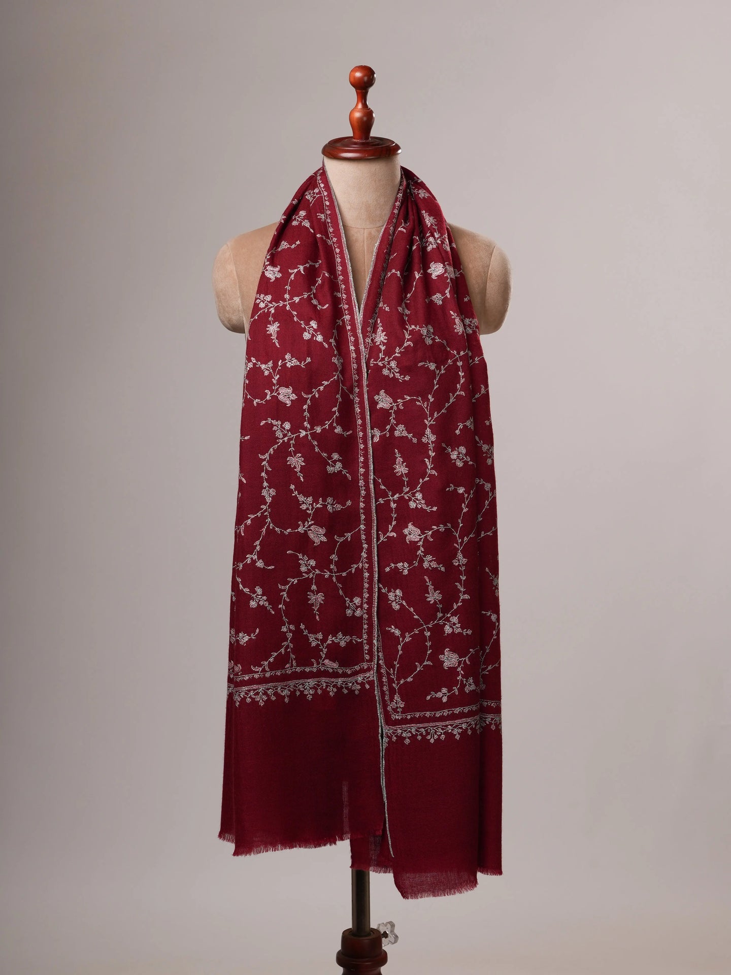 Maroon Featherlight Cashmere Scarf with All Over Sozni Hand Embroidery Shahkaar