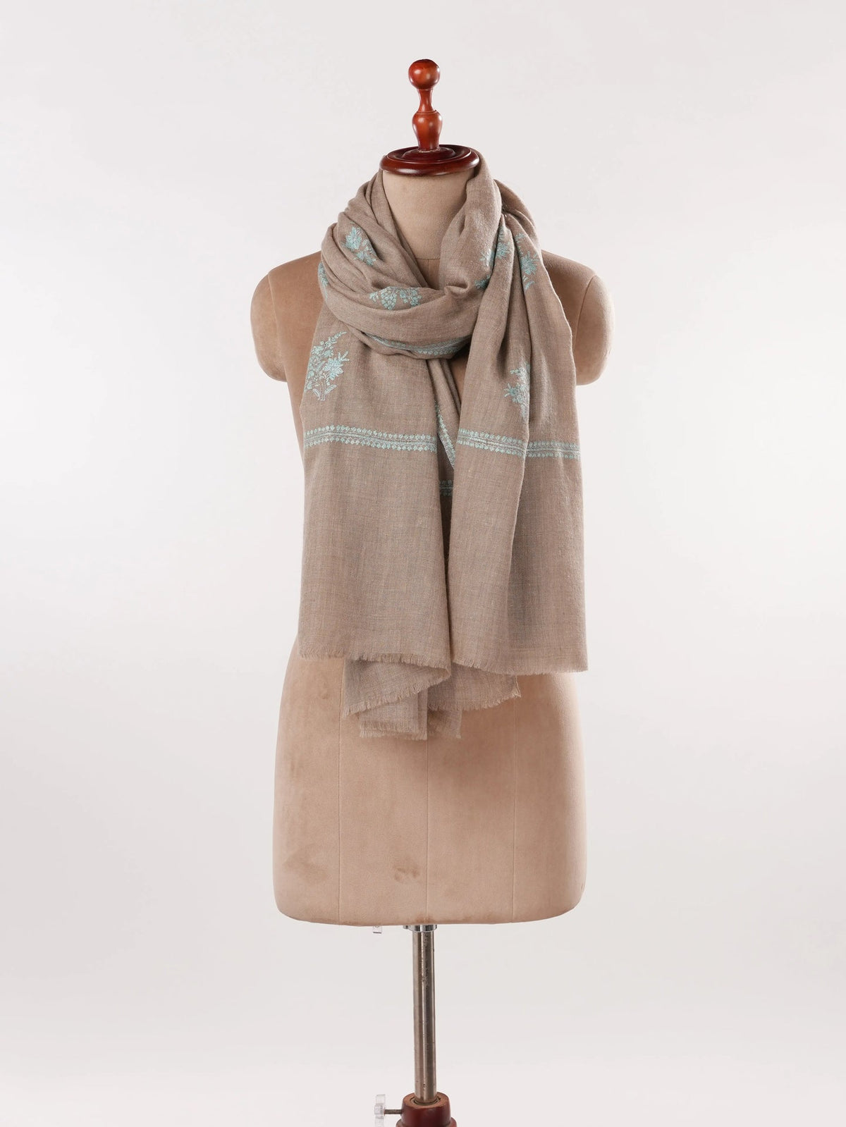 Natural Taupe Handwoven Authentic Pashmina Shawl with Buteh Hand Embroidery Shahkaar.com