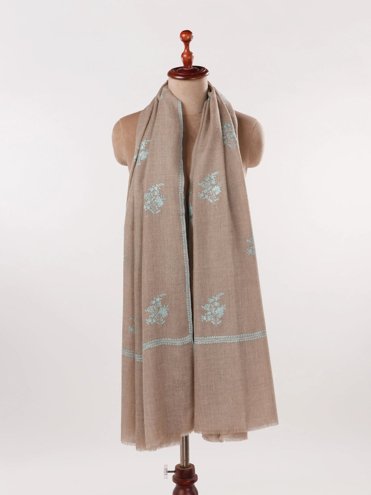 Natural Taupe Handwoven Authentic Pashmina Shawl with Buteh Hand Embroidery Shahkaar.com