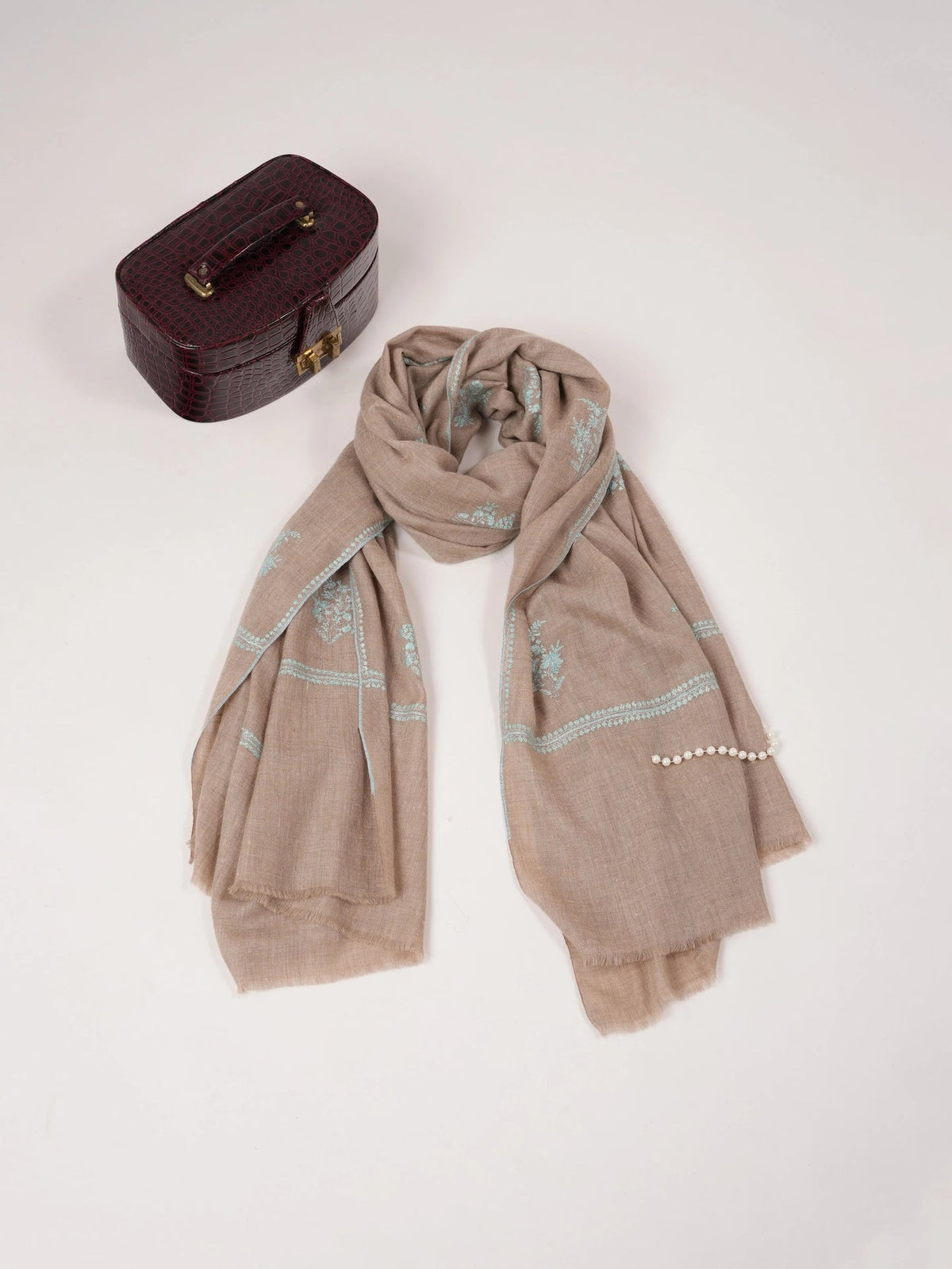 Natural Taupe Handwoven Authentic Pashmina Shawl with Buteh Hand Embroidery Shahkaar.com