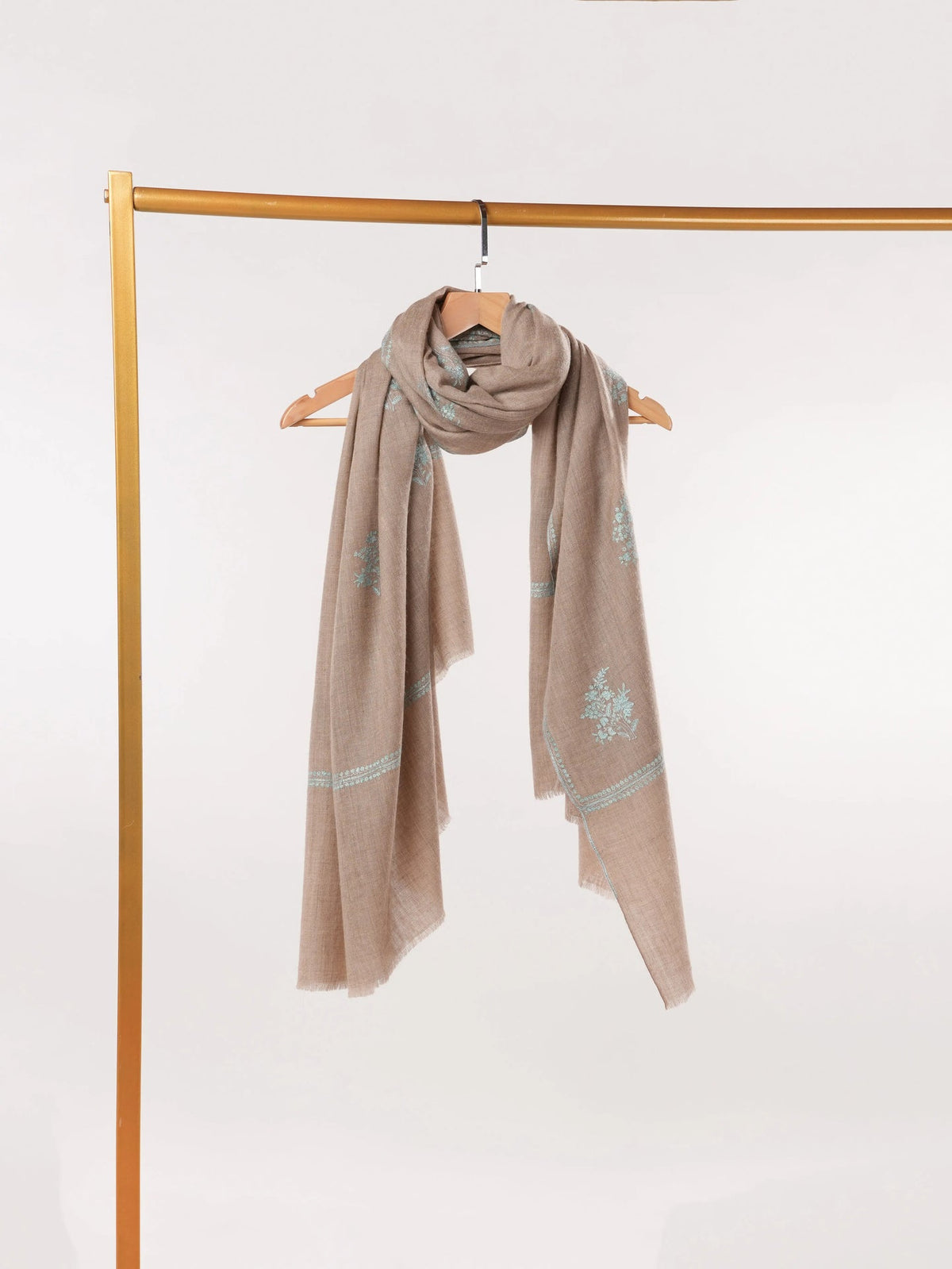 Natural Taupe Handwoven Authentic Pashmina Shawl with Buteh Hand Embroidery Shahkaar.com