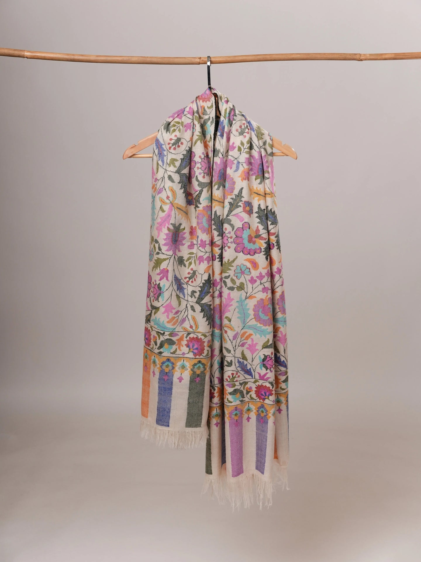 Ivory Floral Handwoven Pure Kani Pashmina Shawl Shahkaar Global