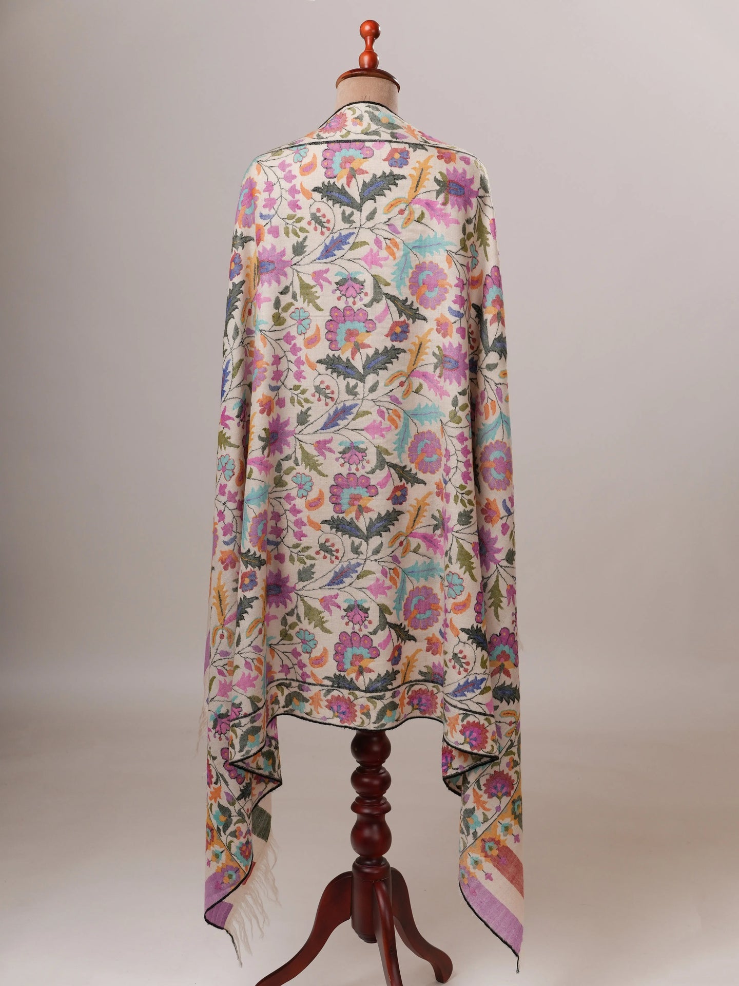 Ivory Floral Handwoven Pure Kani Pashmina Shawl Shahkaar Global