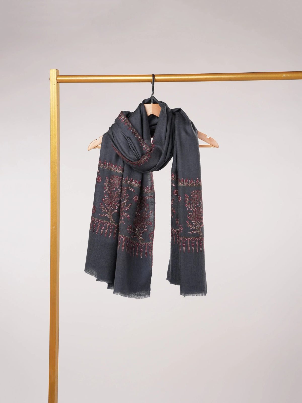 Dark Grey Kashmiri Shawl in Handwoven Pashmina with Palldar Hand Sozni Embroidery Shahkaar.com