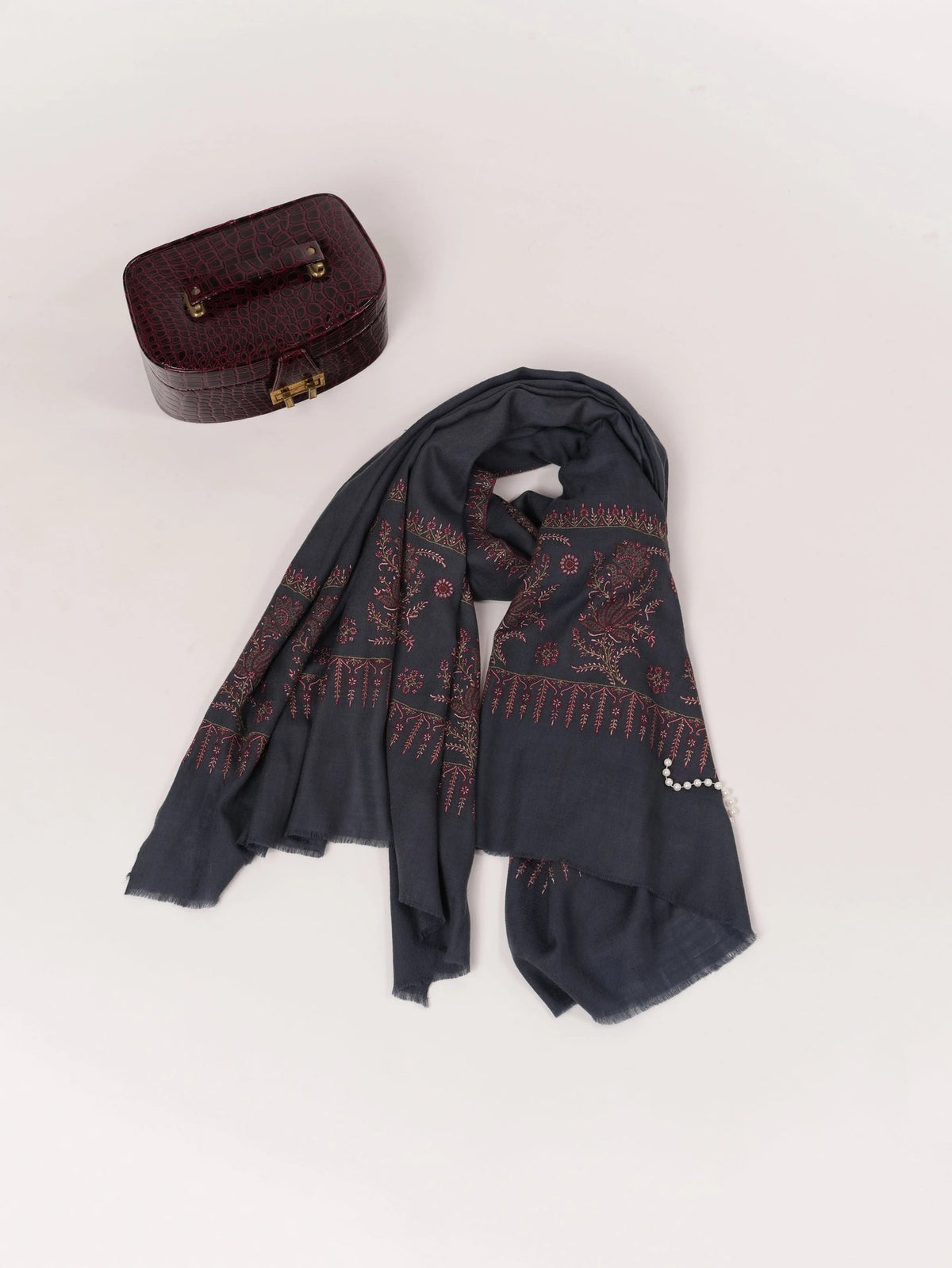 Dark Grey Kashmiri Shawl in Handwoven Pashmina with Palldar Hand Sozni Embroidery Shahkaar.com