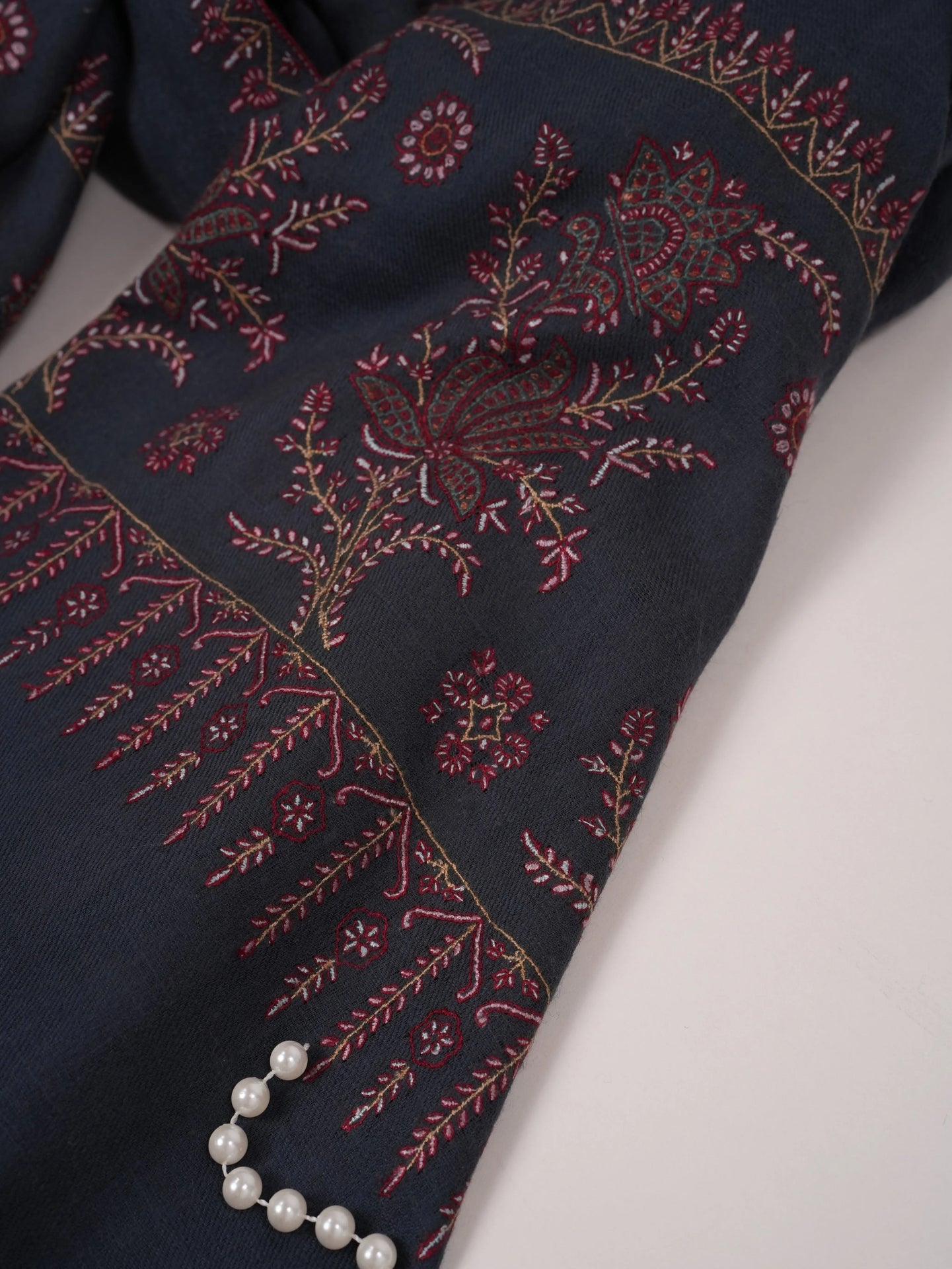 Dark Grey Kashmiri Shawl in Handwoven Pashmina with Palldar Hand Sozni Embroidery Shahkaar.com