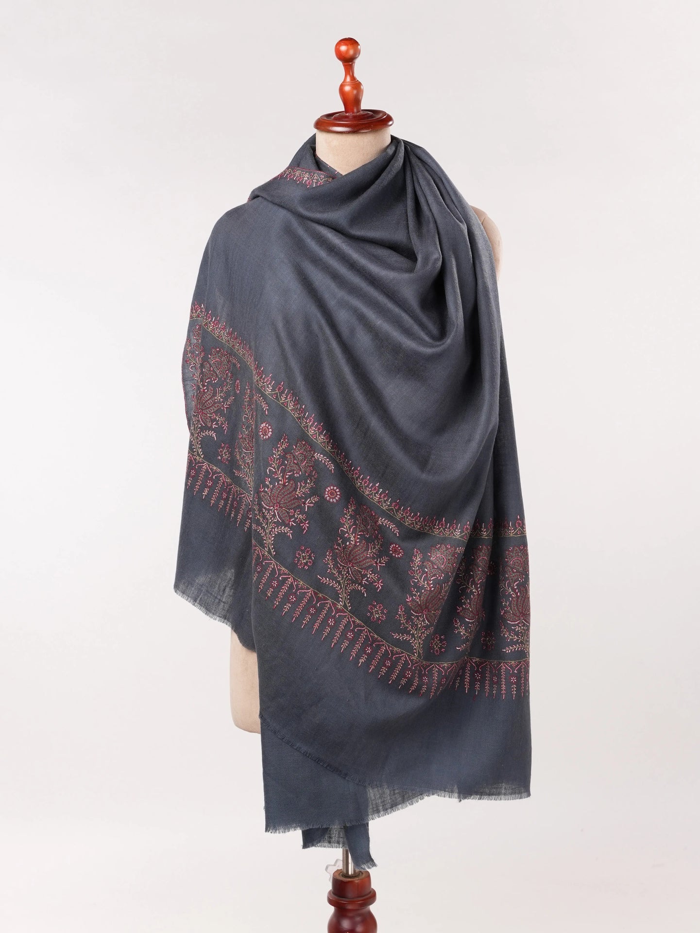 Dark Grey Kashmiri Shawl in Handwoven Pashmina with Palldar Hand Sozni Embroidery Shahkaar.com