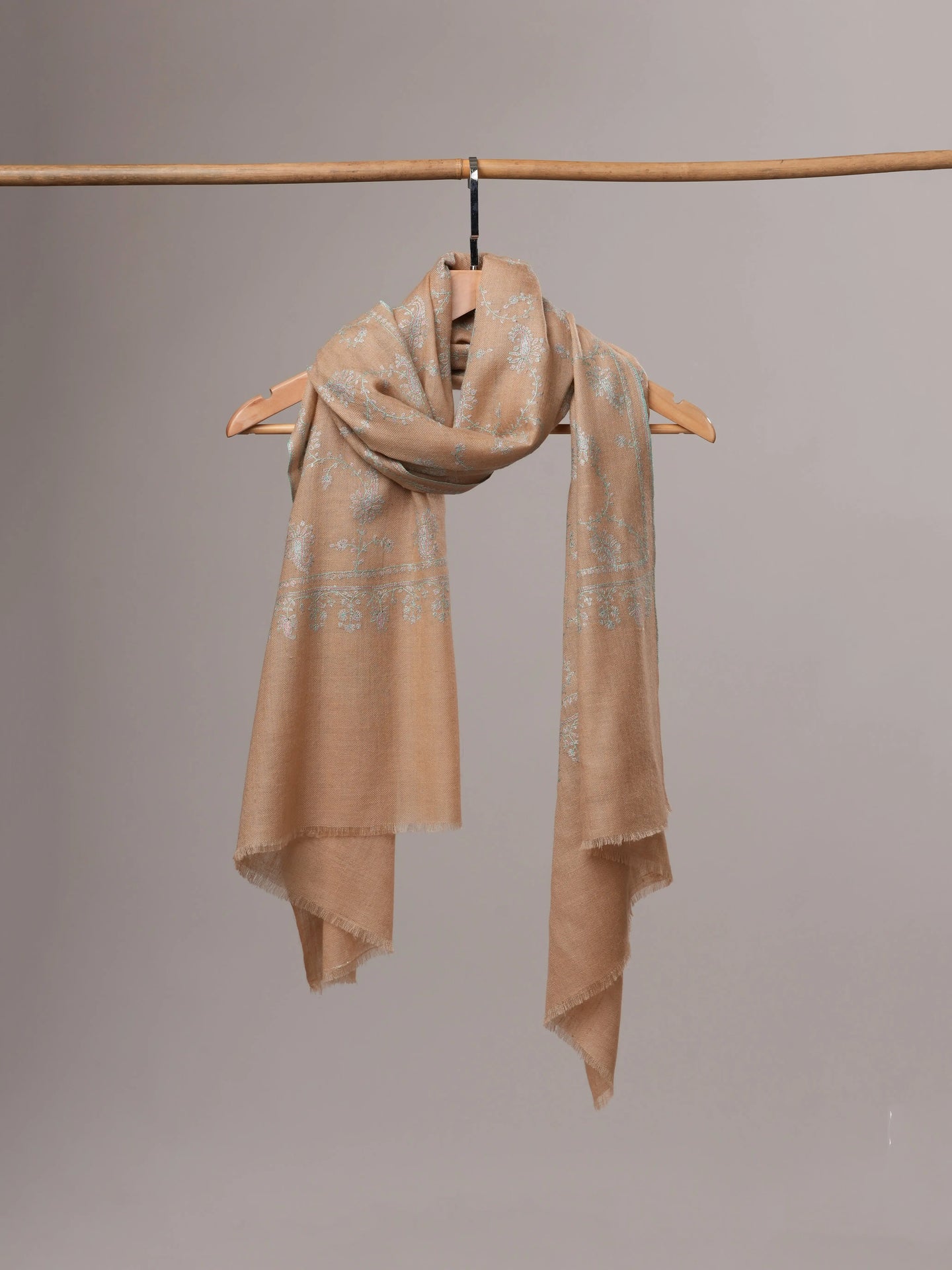 Tan Cashmere Scarf with All-Over Sozni Embroidery Shahkaar