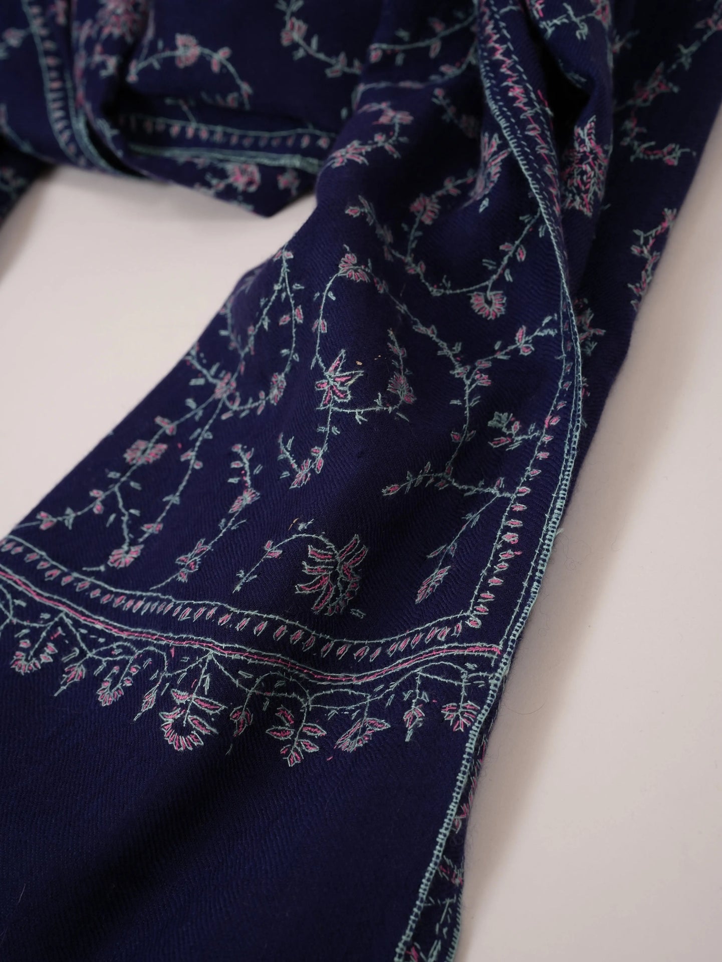 Navy Blue Featherlight Cashmere Scarf with Hand Embroidery Shahkaar.com