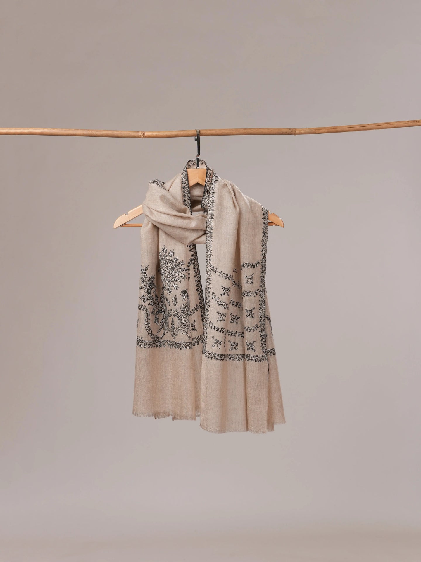 Natural Grey Cashmere Scarf with Palla Hand Embroidery Shahkaar.com