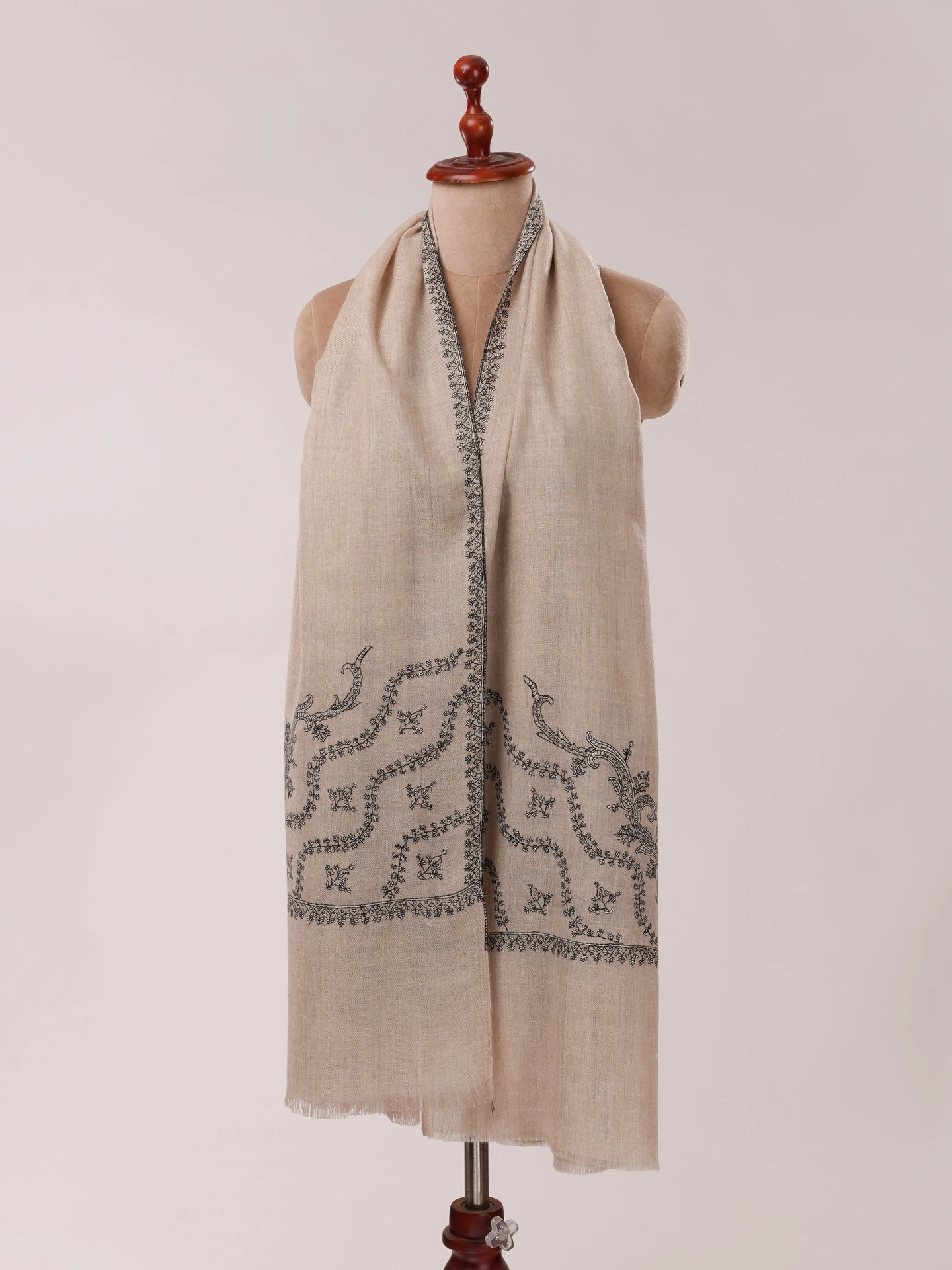 Natural Grey Cashmere Scarf with Palla Hand Embroidery Shahkaar.com