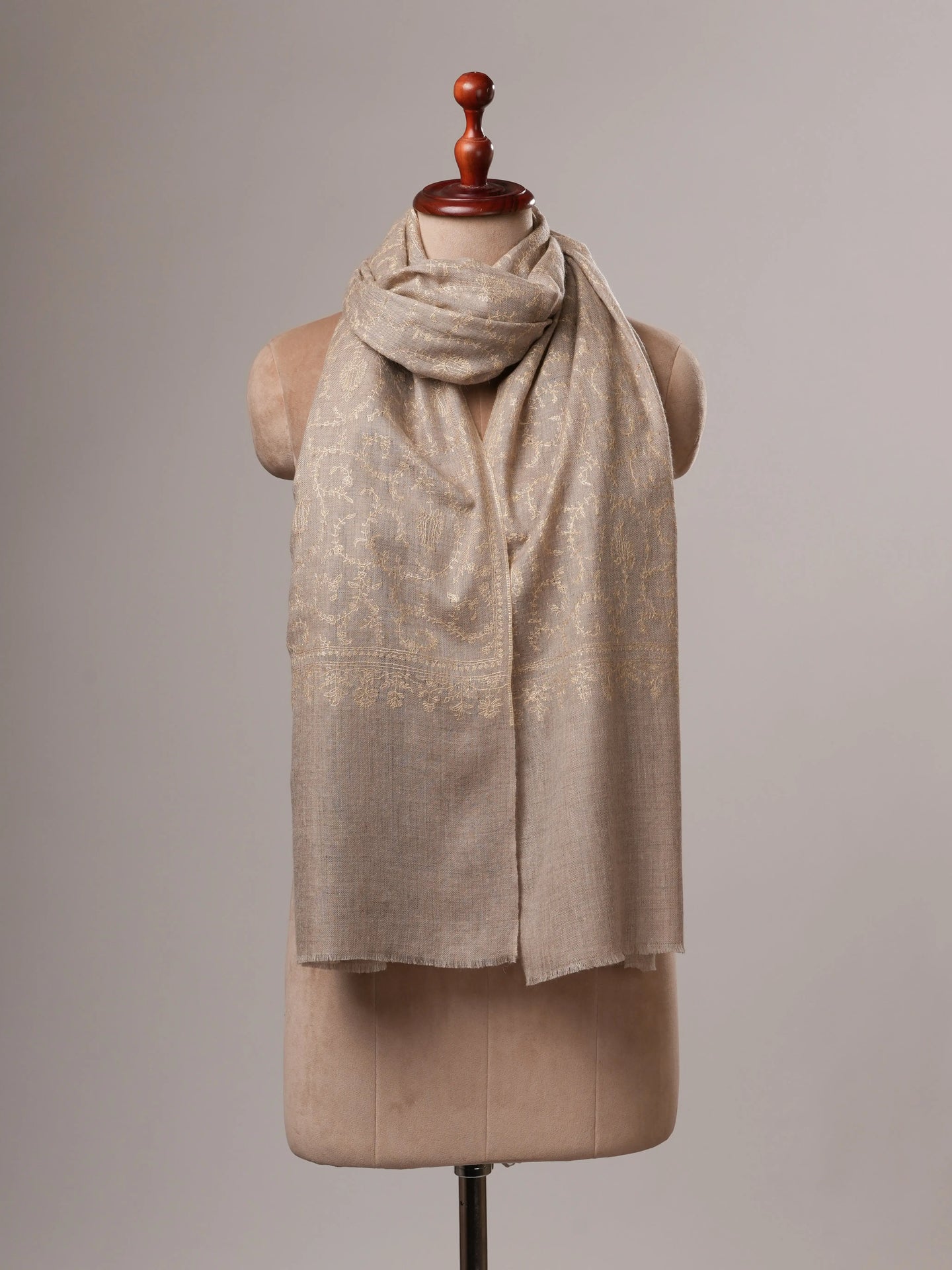 Natural Grey Cashmere Scarf with All-Over Beige Sozni Embroidery Shahkaar
