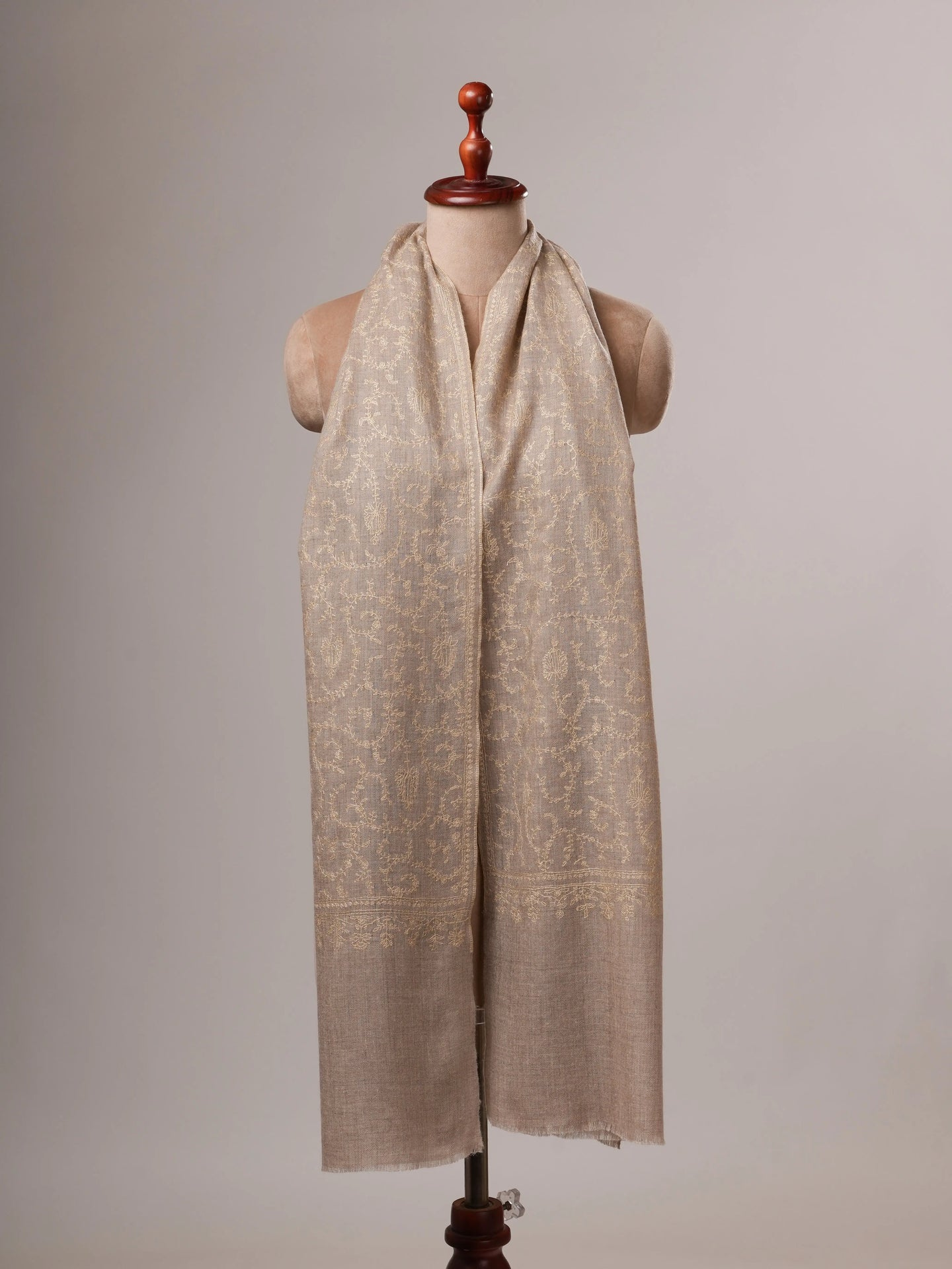 Natural Grey Cashmere Scarf with All-Over Beige Sozni Embroidery Shahkaar