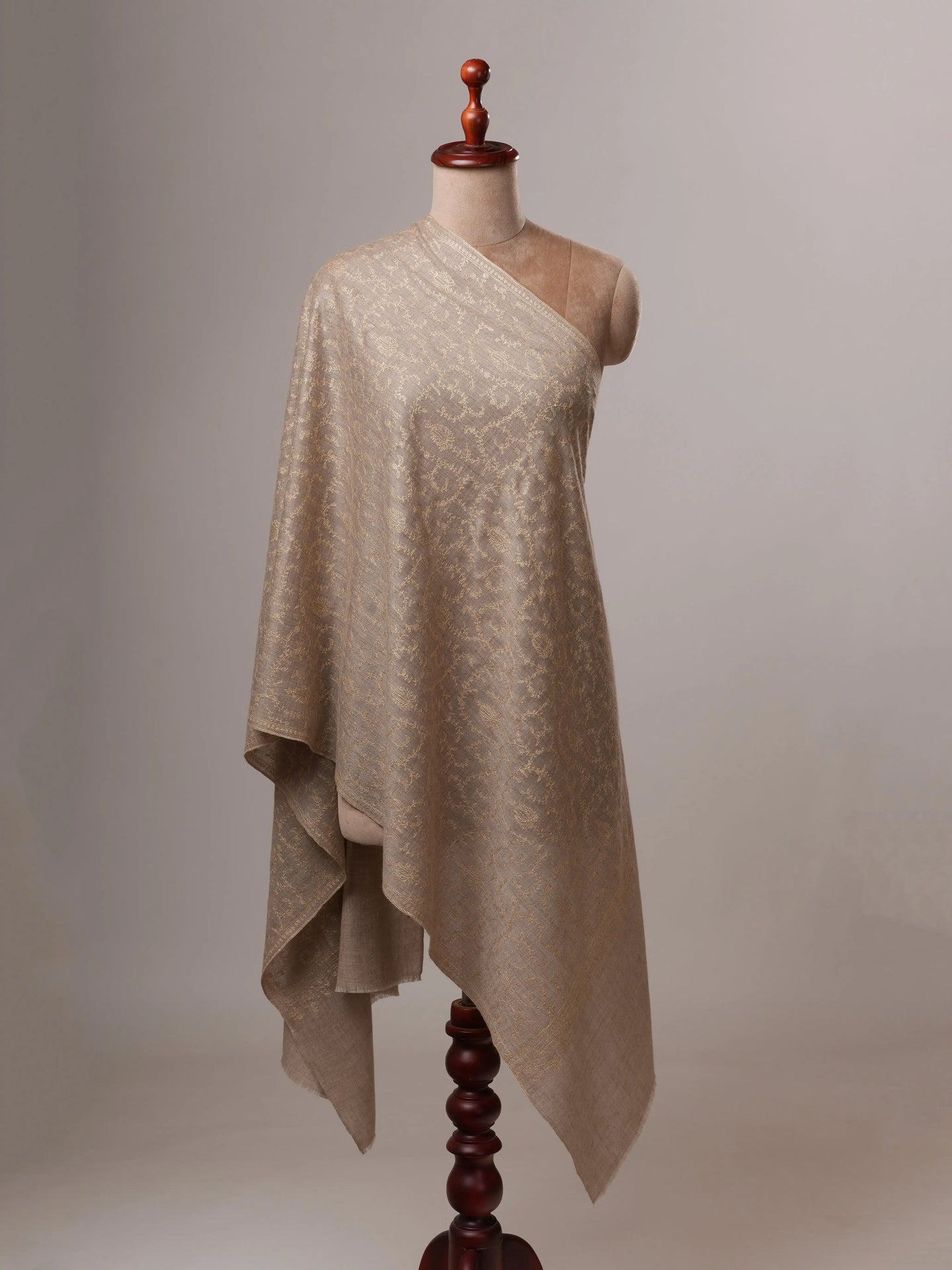 Natural Grey Cashmere Scarf with All-Over Beige Sozni Embroidery Shahkaar