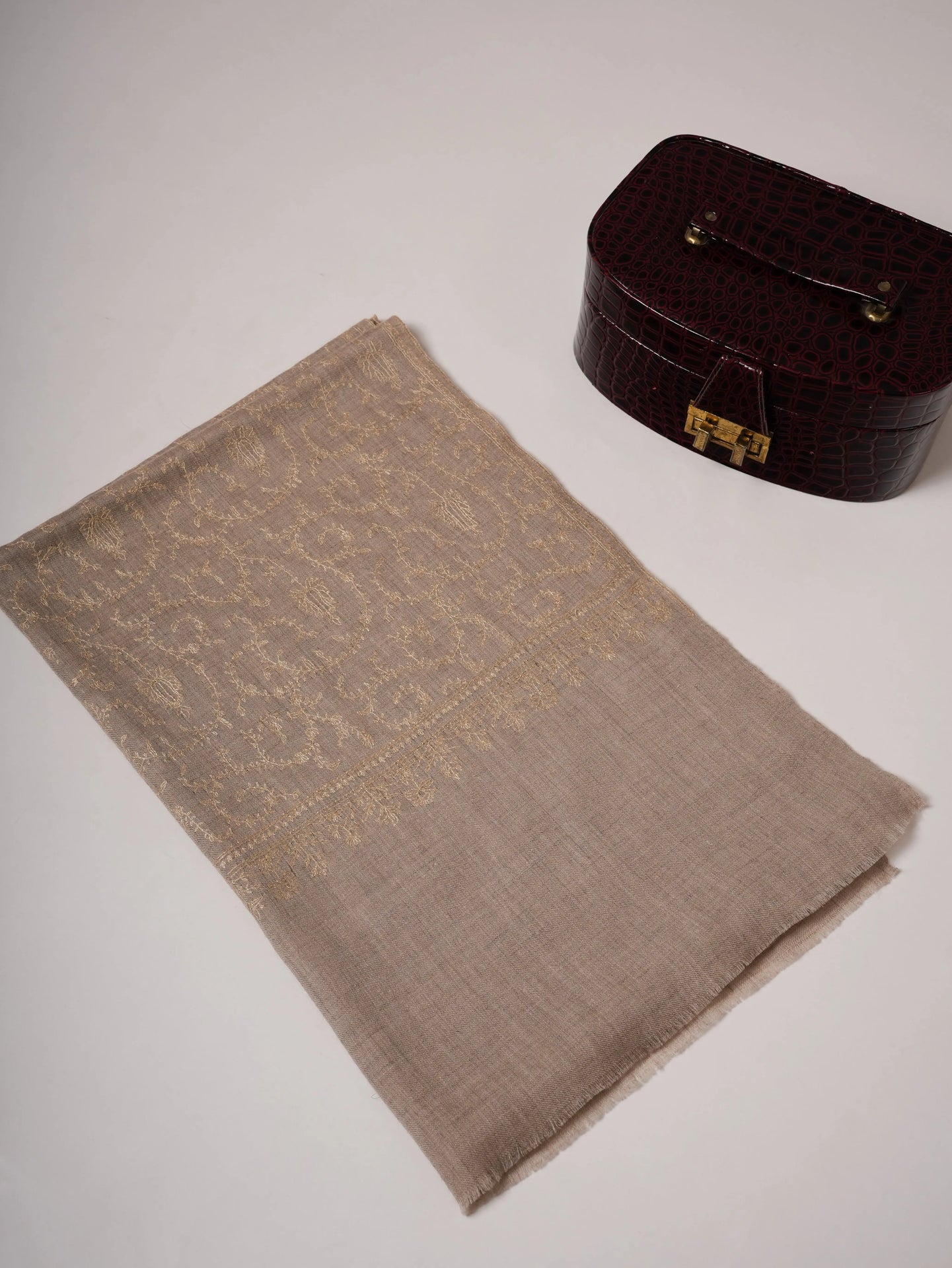 Natural Grey Cashmere Scarf with All-Over Beige Sozni Embroidery Shahkaar