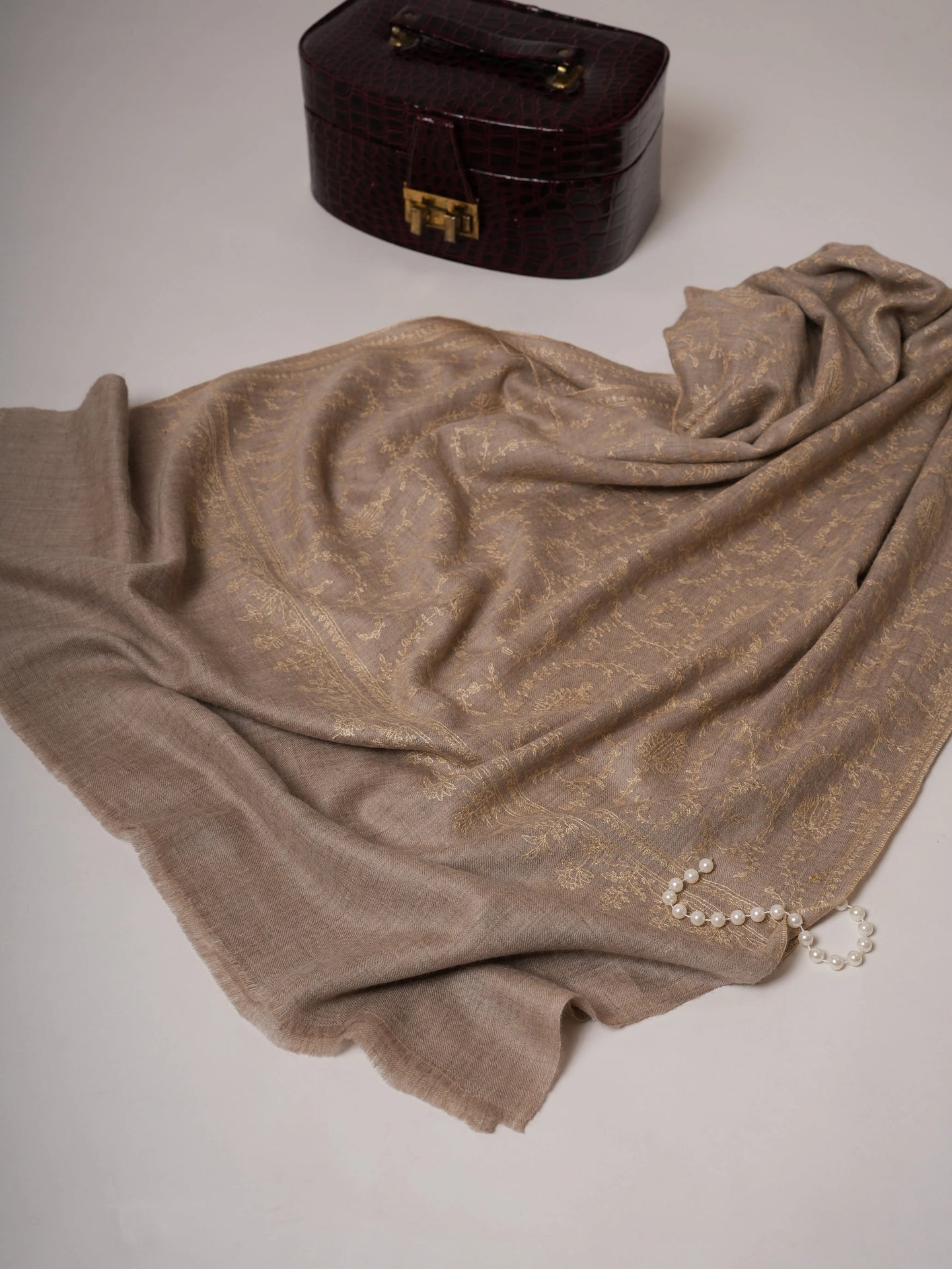 Natural Grey Cashmere Scarf with All-Over Beige Sozni Embroidery Shahkaar