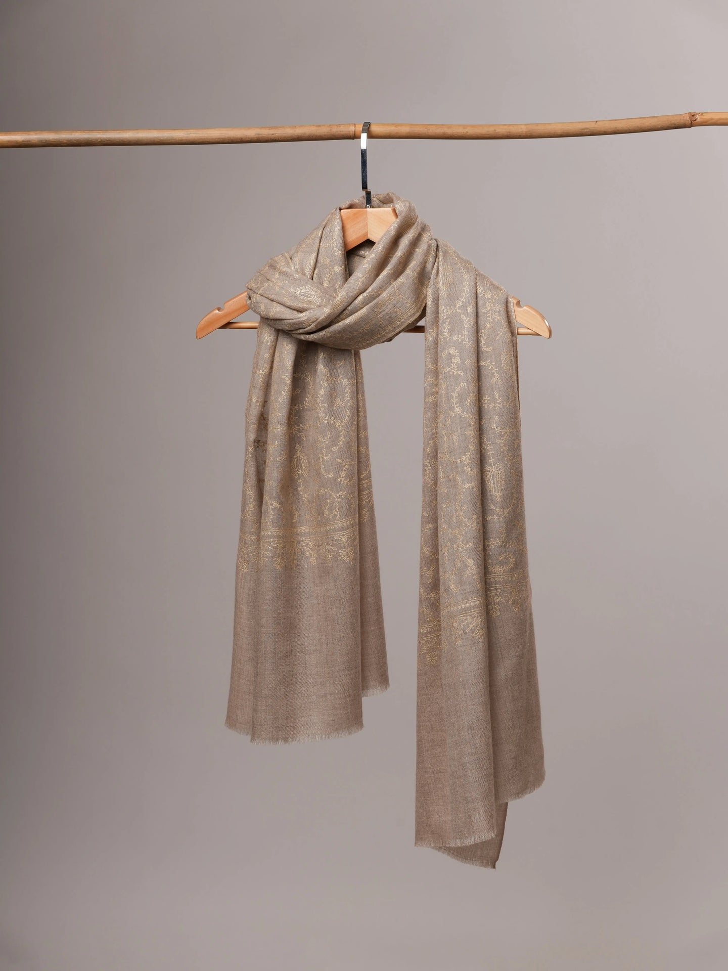 Natural Grey Cashmere Scarf with All-Over Beige Sozni Embroidery Shahkaar