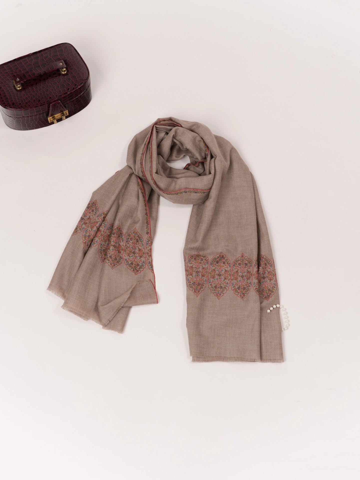 Natural Taupe Kashmiri Pashmina Shawl with Traditional Palldar Embroidery Shahkaar.com