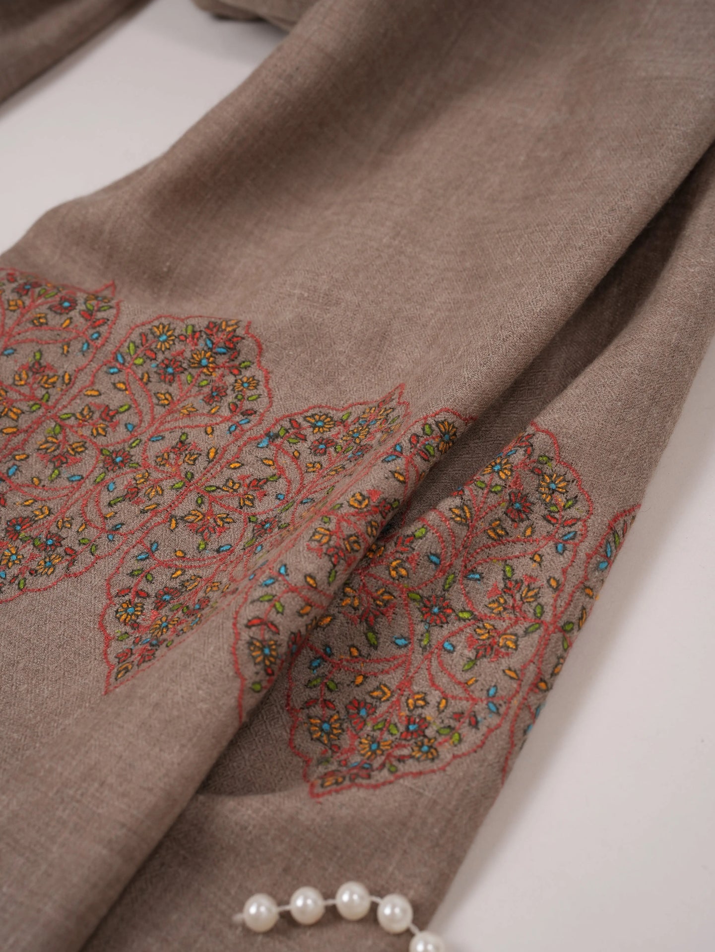 Natural Taupe Kashmiri Pashmina Shawl with Traditional Palldar Embroidery Shahkaar.com