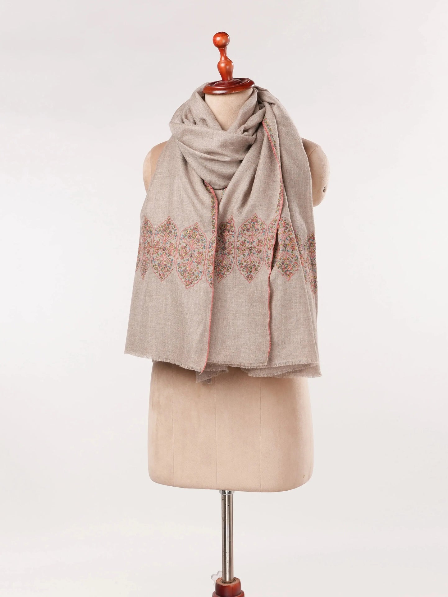 Natural Taupe Kashmiri Pashmina Shawl with Traditional Palldar Embroidery Shahkaar.com
