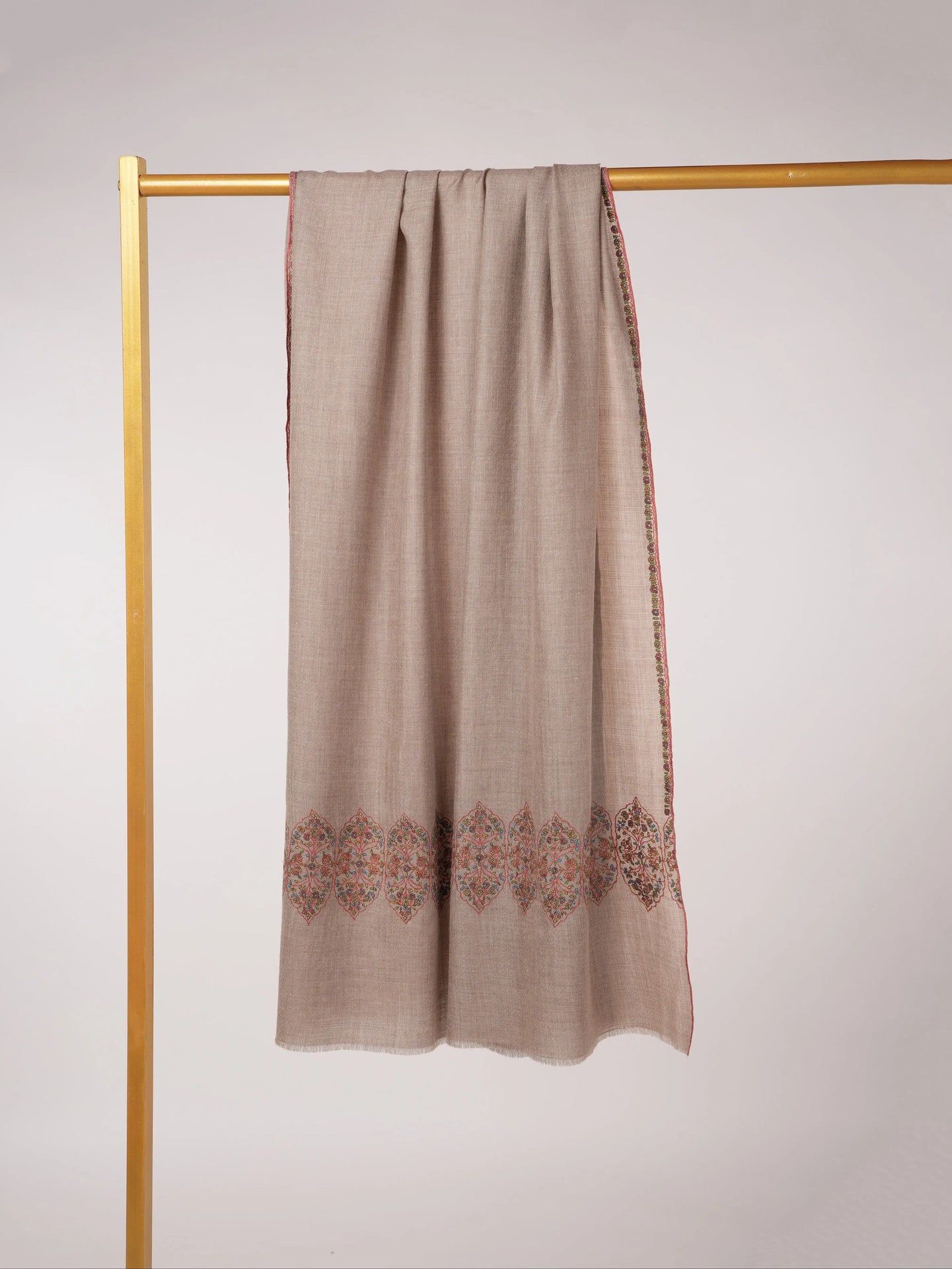 Natural Taupe Kashmiri Pashmina Shawl with Traditional Palldar Embroidery Shahkaar.com