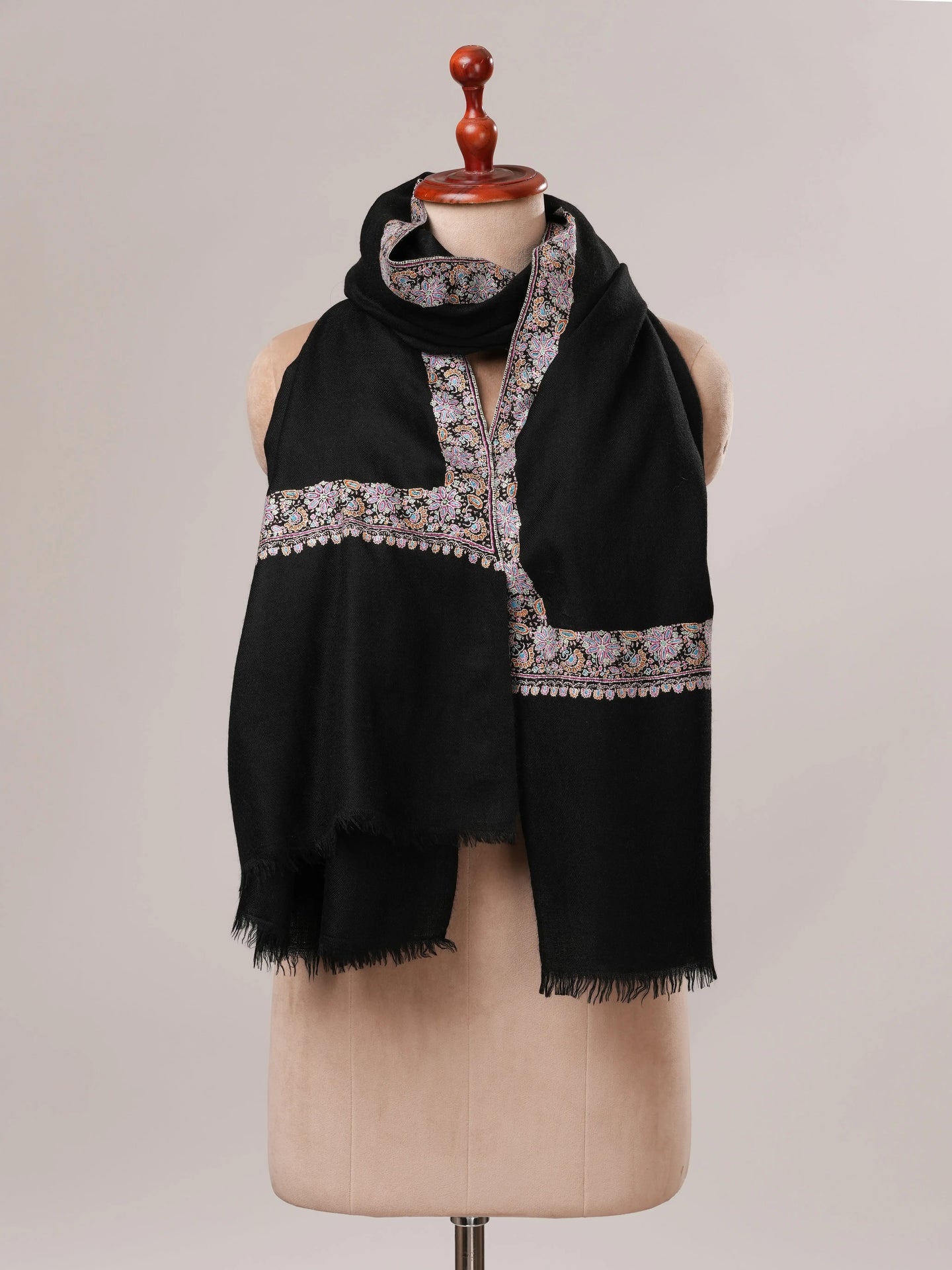 Black Sozni Neemdaur Embroidered Pure Pashmina Shawl Shahkaar.com