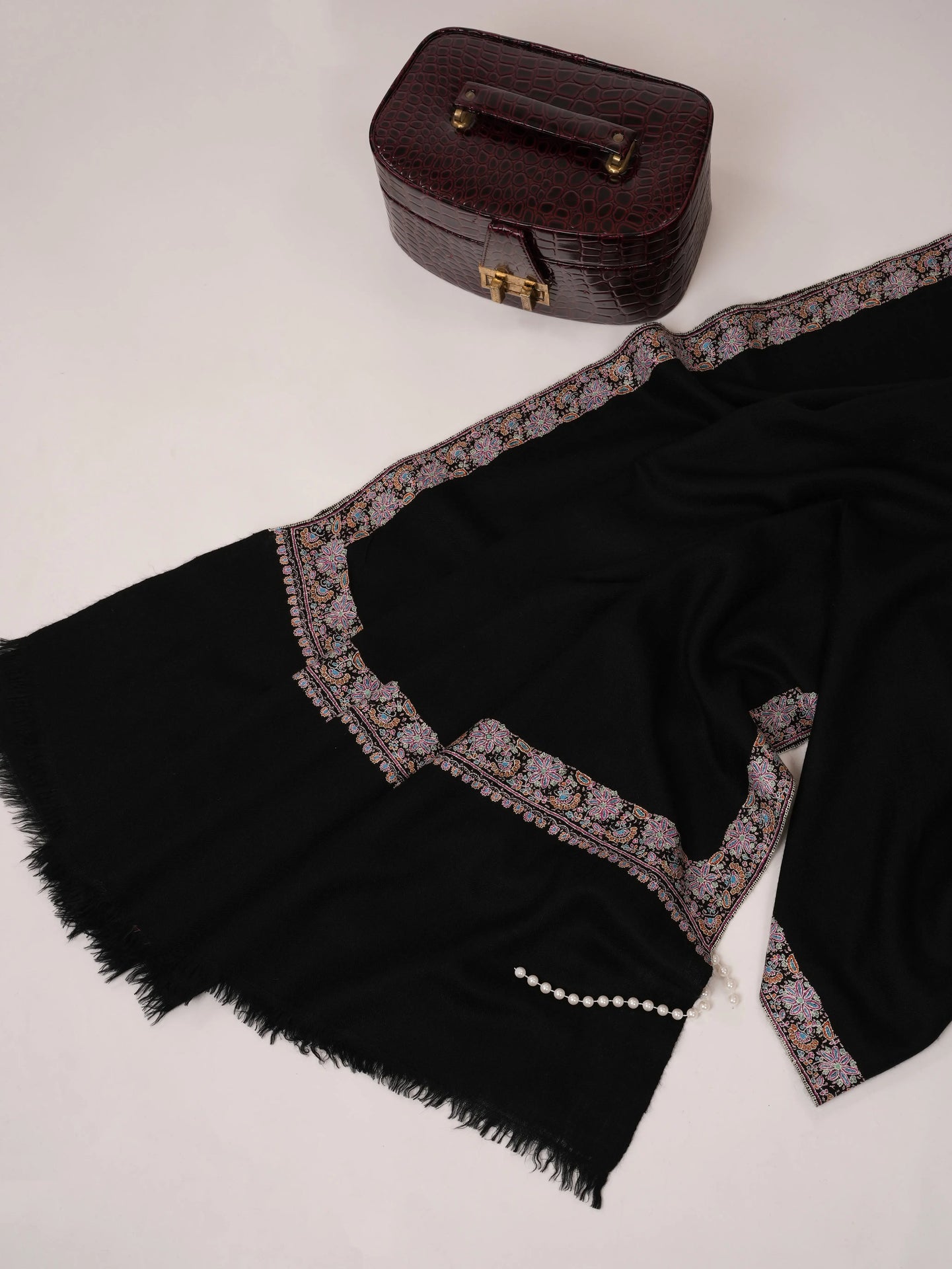 Black Sozni Neemdaur Embroidered Pure Pashmina Shawl Shahkaar.com