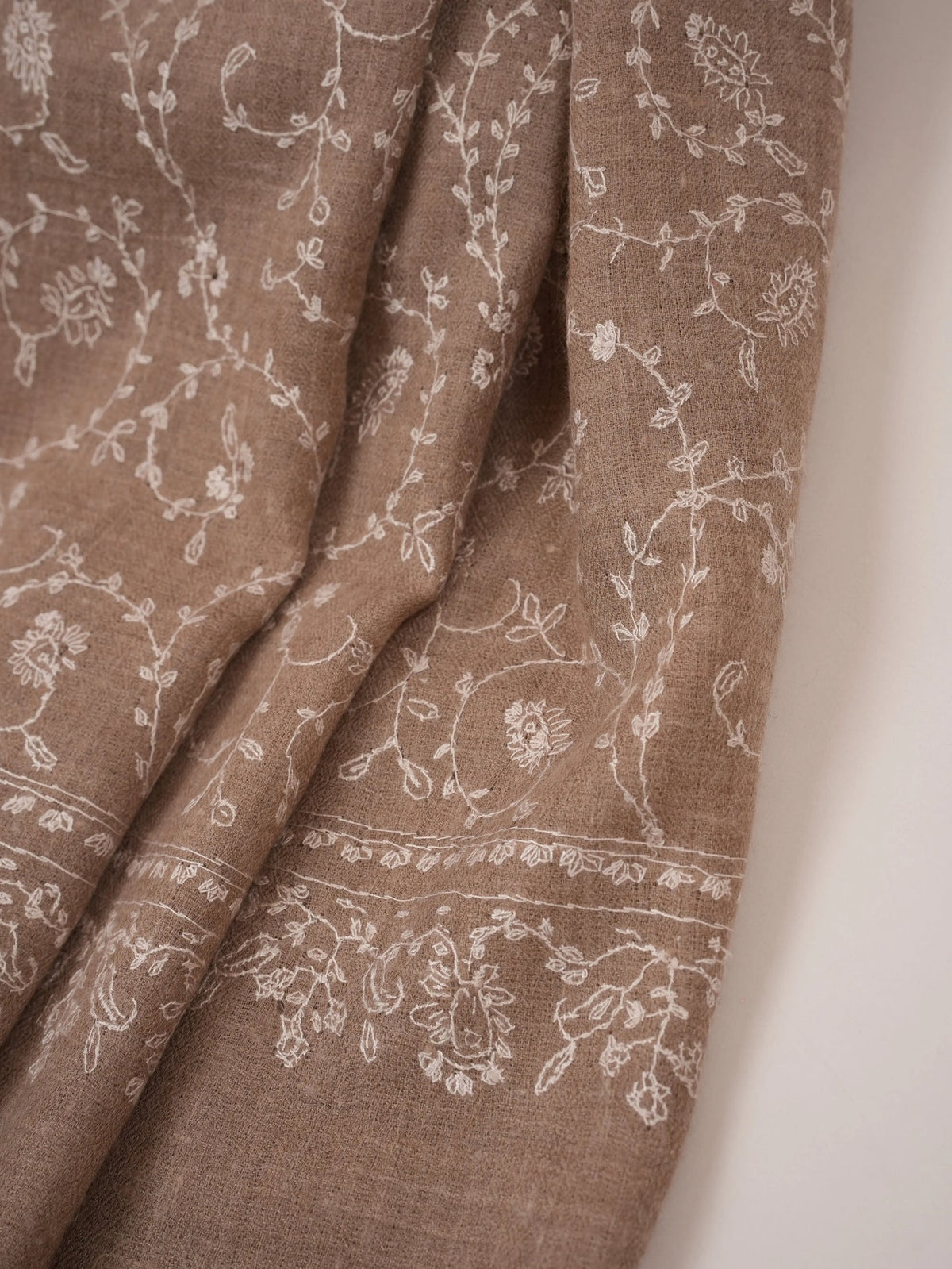 Kashmiri Handwoven Natural Taupe Cashmere Scarf with White Sozni Embroidery Shahkaar.com