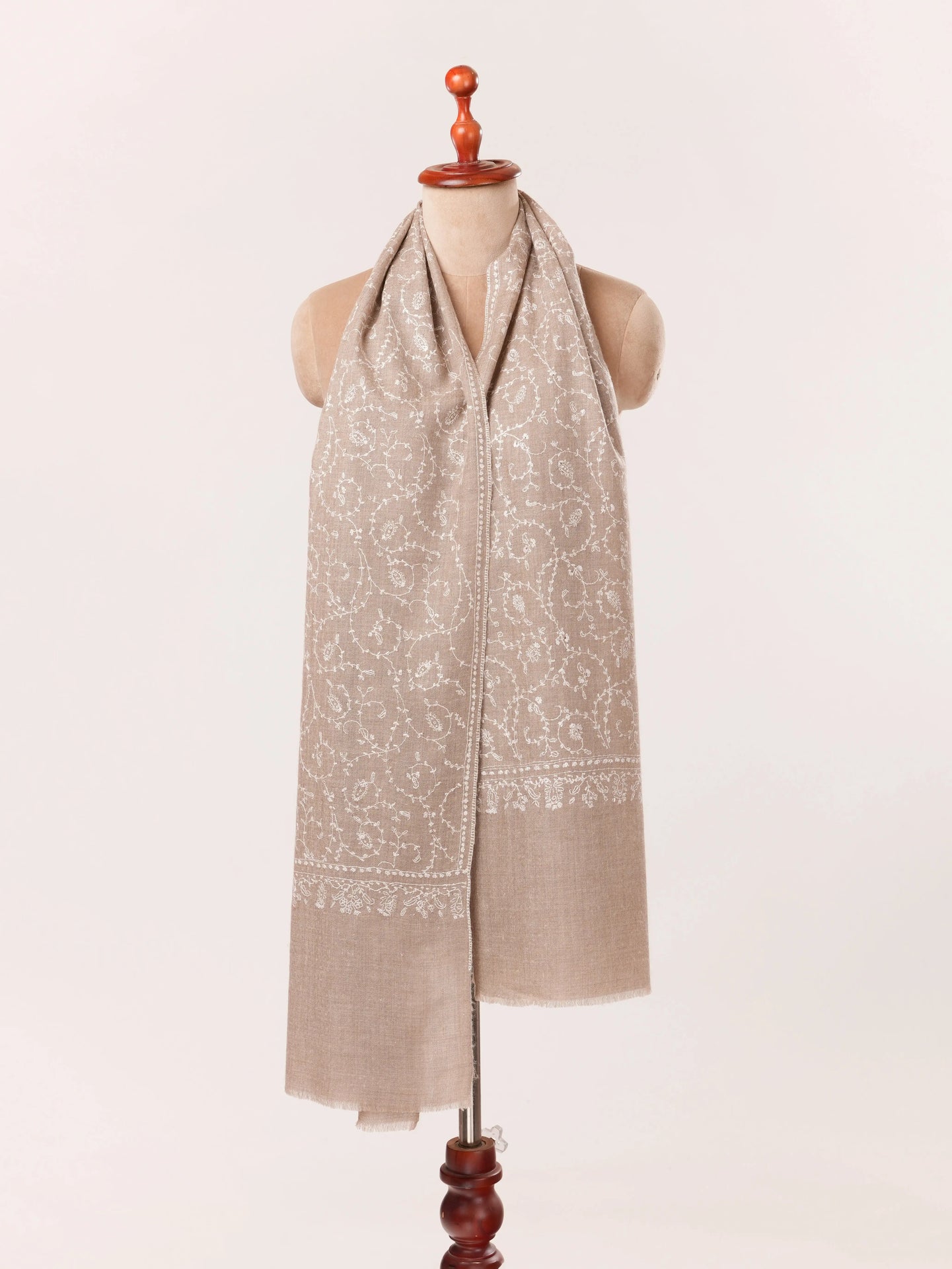 Kashmiri Handwoven Natural Taupe Cashmere Scarf with White Sozni Embroidery Shahkaar.com